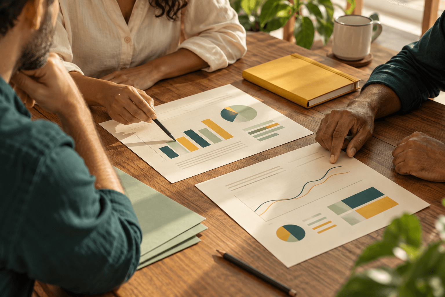 Colegas comparam folhas de planejamento e gráficos sobre uma mesa.