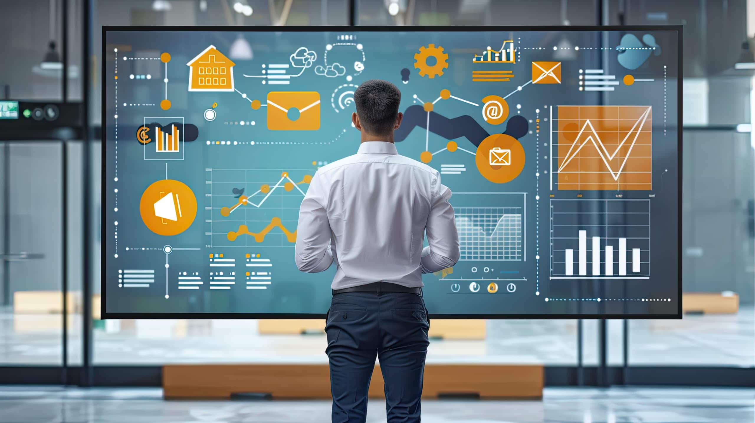Um executivo visionário em pé diante de um grande painel digital interativo, onde diferentes ícones de estratégias de marketing (e-mail marketing, redes sociais, SEO, publicidade paga) estão conectados a um gráfico de crescimento empresarial, simbolizando a integração do marketing ao planejamento estratégico.