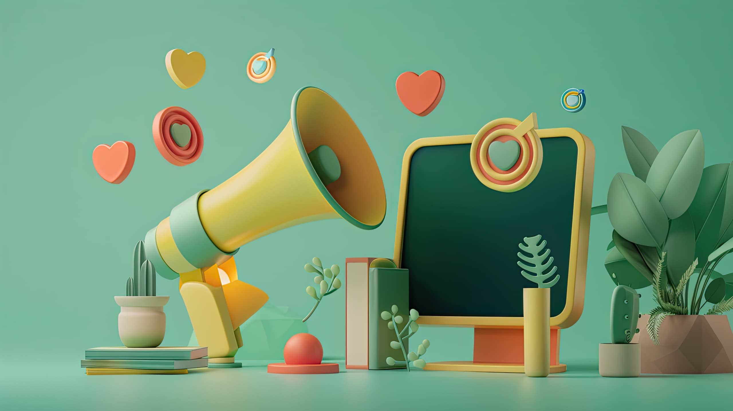 Um megafone estilizado saindo de uma tela de computador ou smartphone, com ícones de impacto social (corações, livros, árvores) flutuando ao redor. Isso simboliza como a publicidade paga amplifica a voz das ONGs.