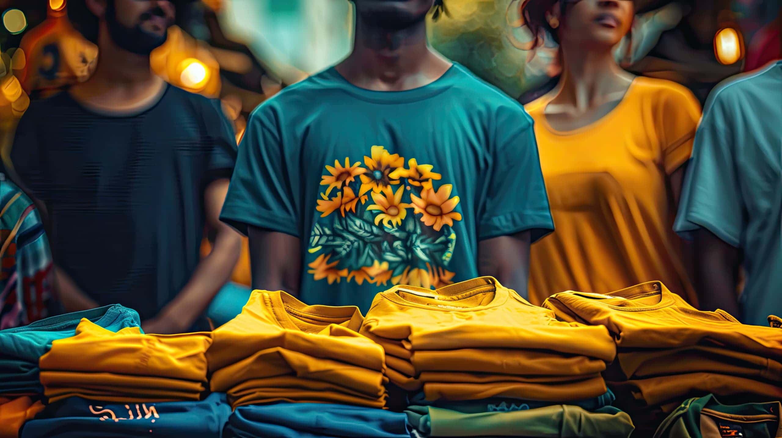 Uma feira ao ar livre com pessoas comprando camisetas de uma barraca de ONG, simbolizando vendas para captação de recursos para causas sociais.