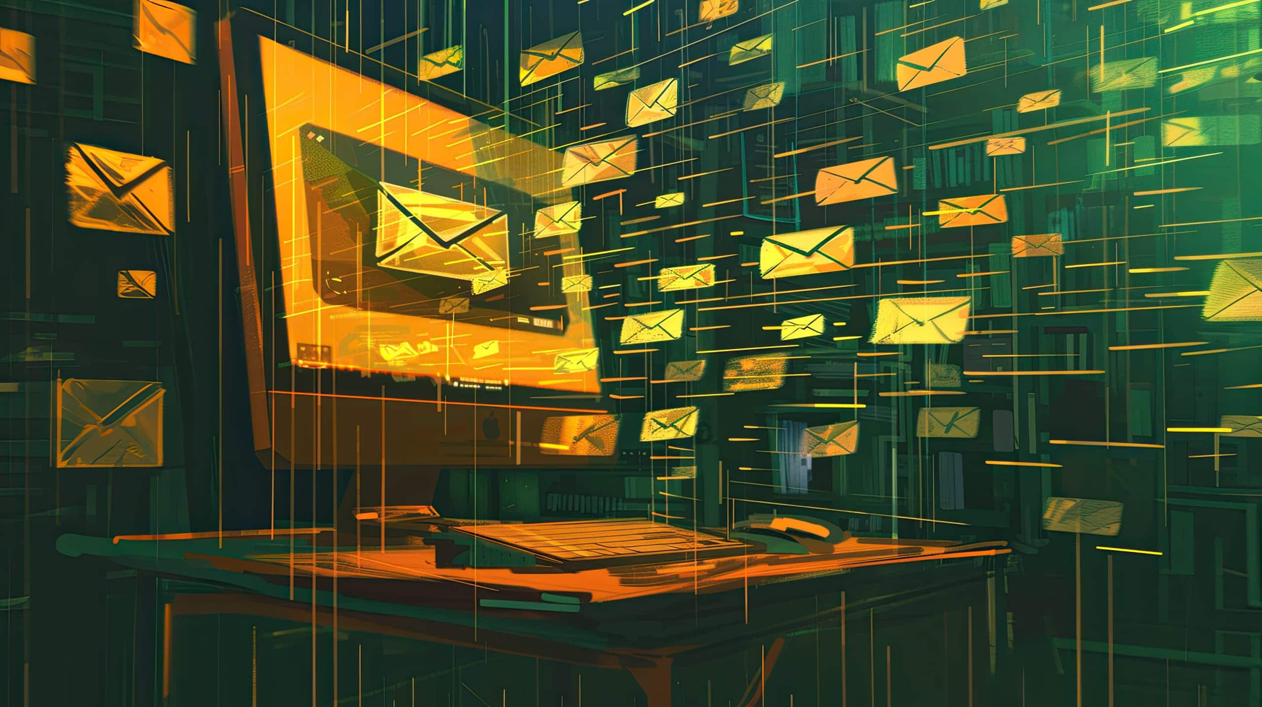 uma tela de computador com várias mensagens de e-mail em forma de carta entrando e saindo, transmitindo a ideia de como a captação via e-mail marketing pode maximizar o alcance e engajamento de doadores de forma eficaz.