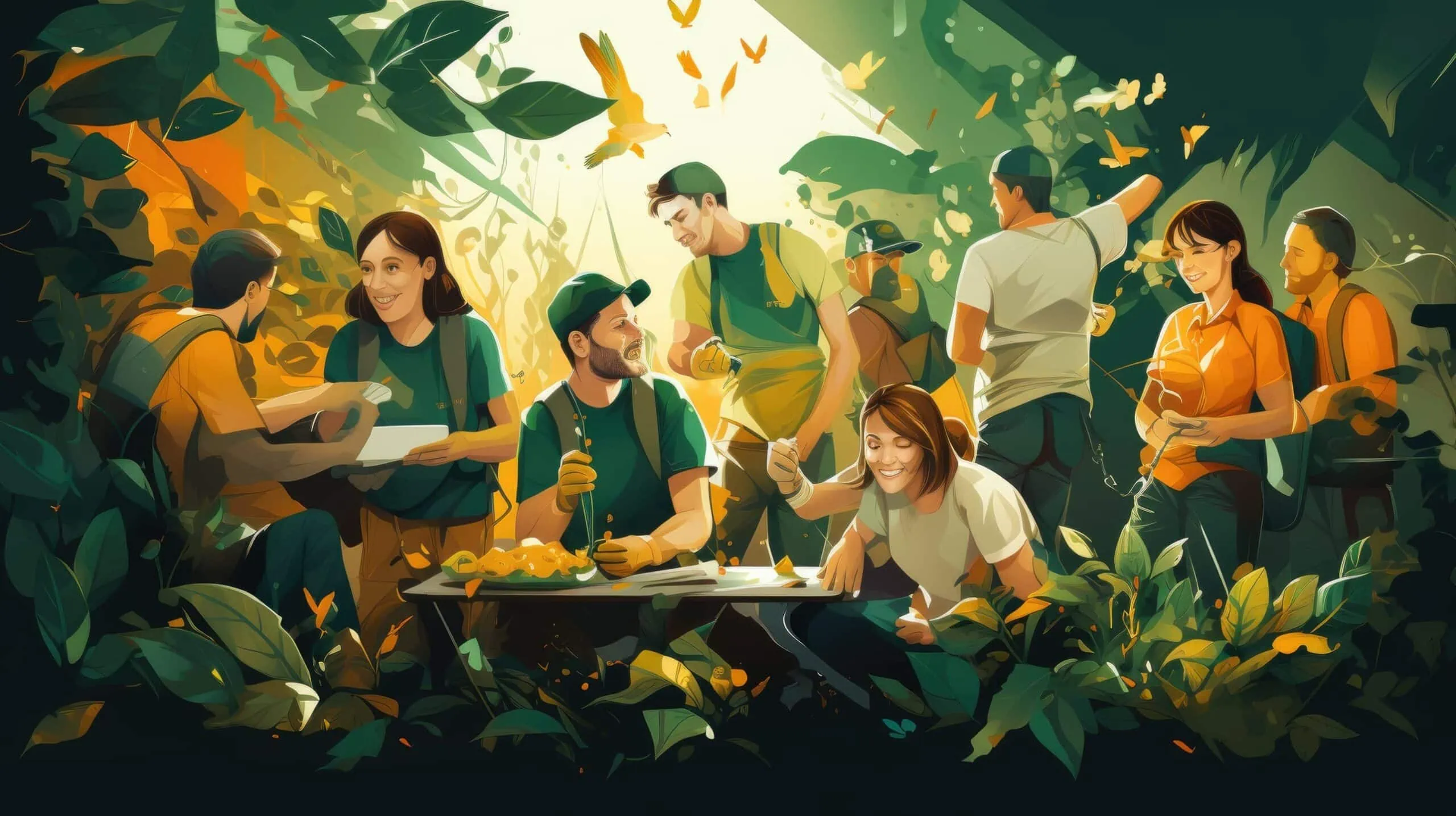grupo de voluntários trabalhando ativamente em um projeto social