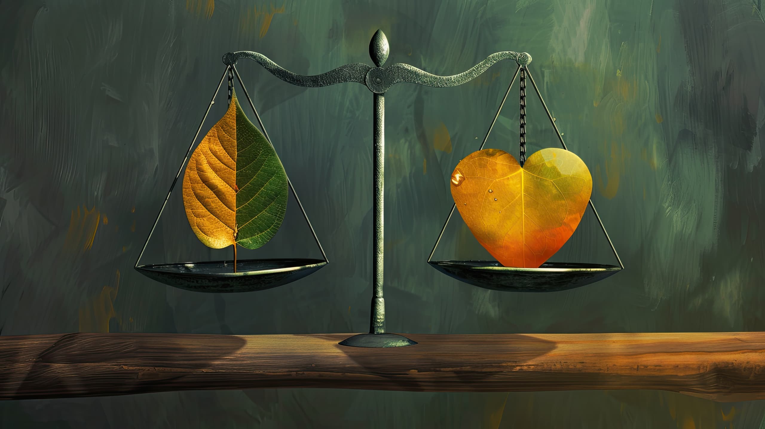 uma balança equilibrando um coração e uma folha, simbolizando o equilíbrio entre impacto social (coração) e impacto ambiental (folha). Isso destaca a importância de abordar ambos os aspectos de maneira equilibrada e harmoniosa.