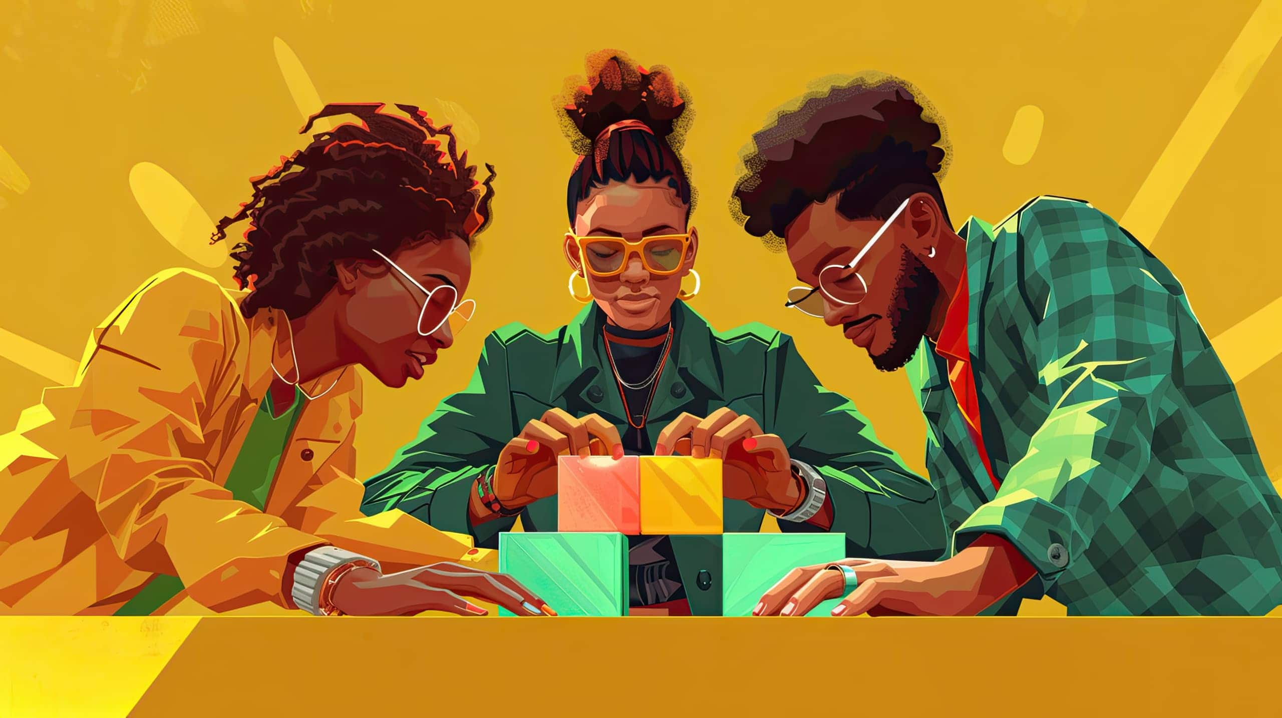 Diversas mãos colocando blocos coloridos para formar uma estrutura sólida, simbolizando projetos sociais inovadores que constroem oportunidades e melhoram comunidades.