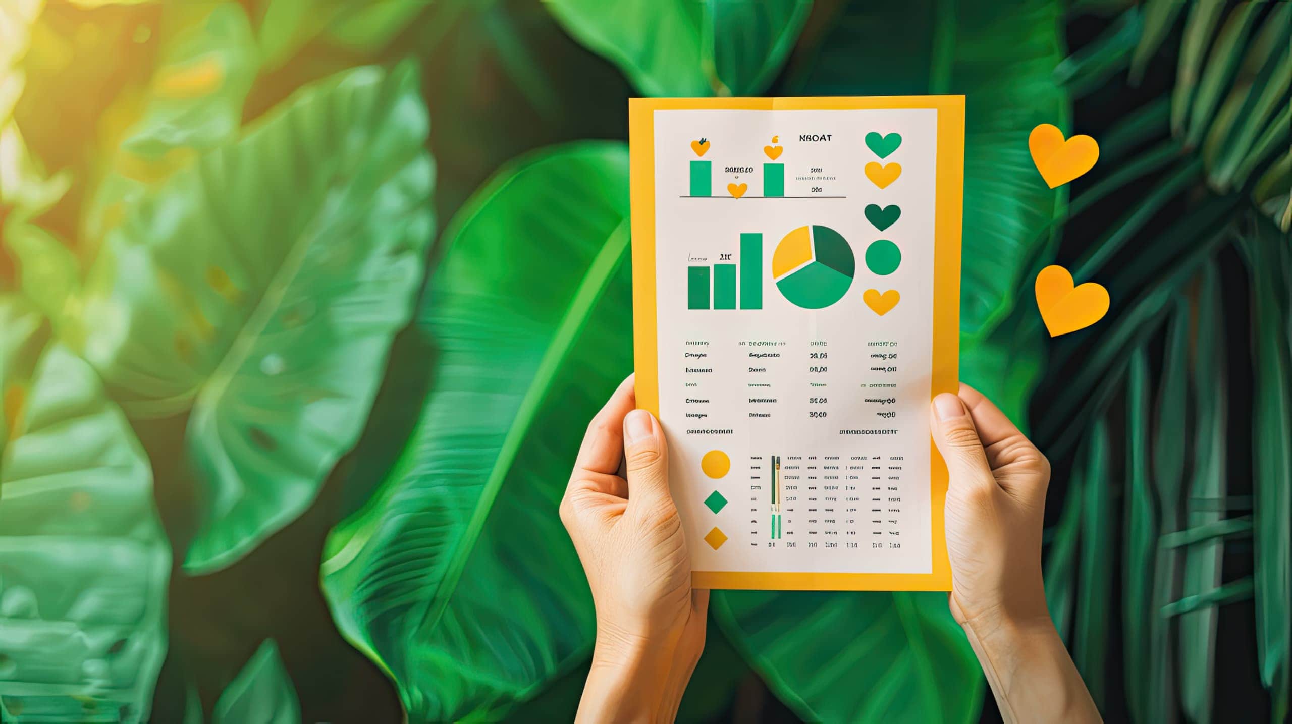 Duas mãos segurando um relatório financeiro ou uma declaração de impostos, com gráficos e números visíveis. Ao fundo, ícones de impacto social, como corações e árvores, reforçam o propósito das ONGs em relação à gestão tributária.