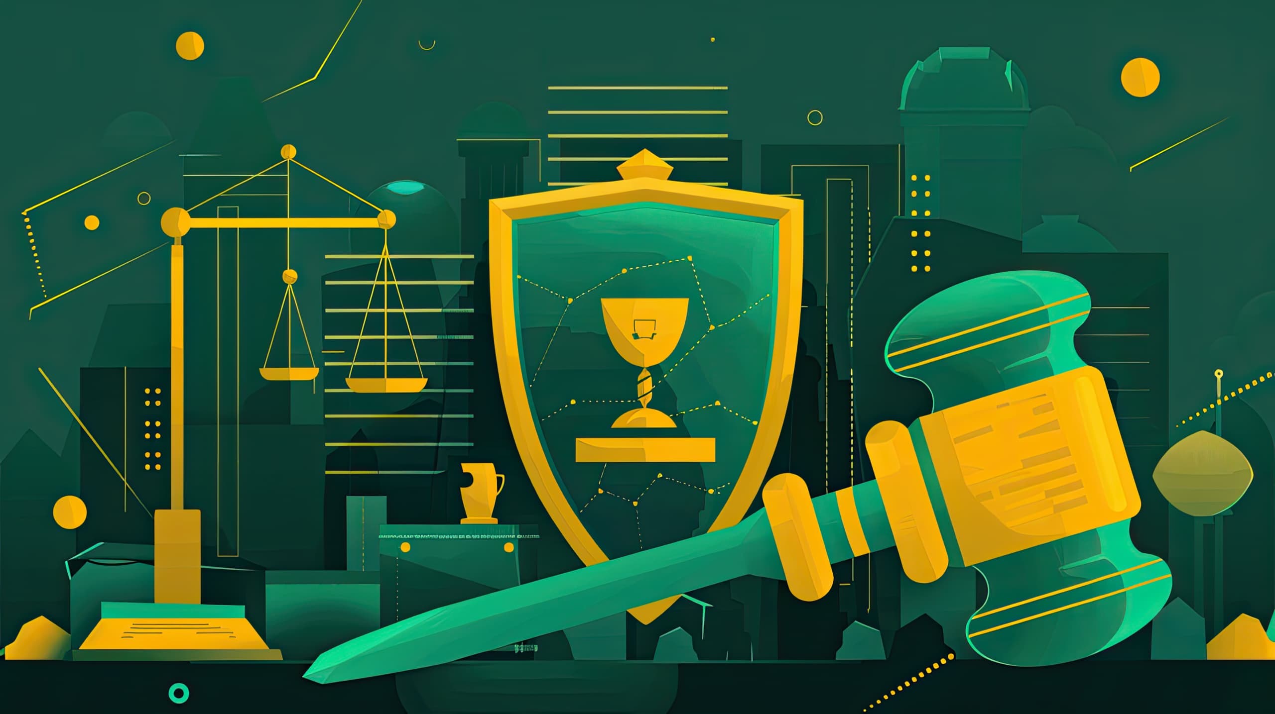 um escudo grande com ícones legais como um contrato, um selo de aprovação e um martelo de juiz. Isso representa a proteção que a gestão de riscos legais oferece à ONG.