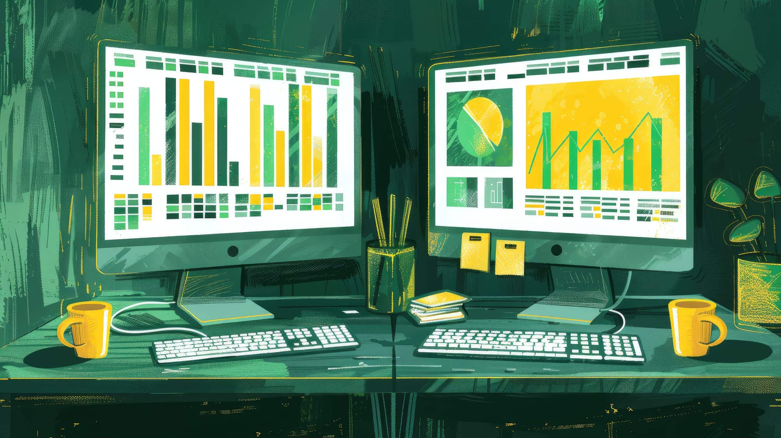 duas telas de computador lado a lado, cada uma exibindo gráficos financeiros de diferentes ONGs para destacar a comparação entre as organizações, simbolizando o processo de benchmarking.