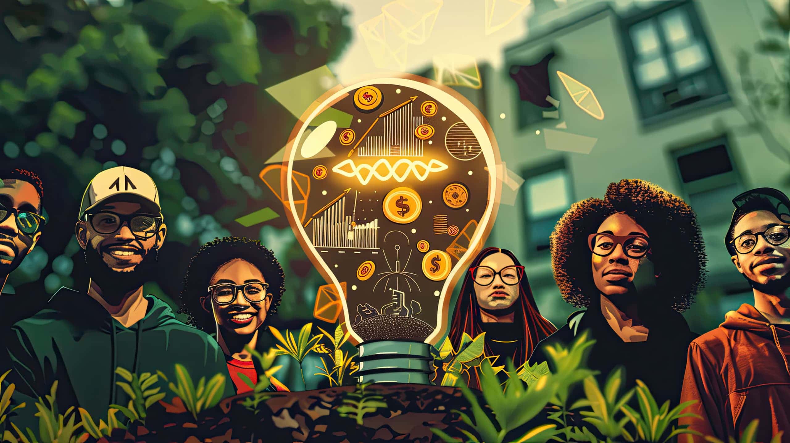 Uma lâmpada acesa composta por ícones como moedas, gráficos de crescimento, doações online, redes sociais e voluntariado, representando ideias inovadoras para arrecadação de fundos no terceiro setor.