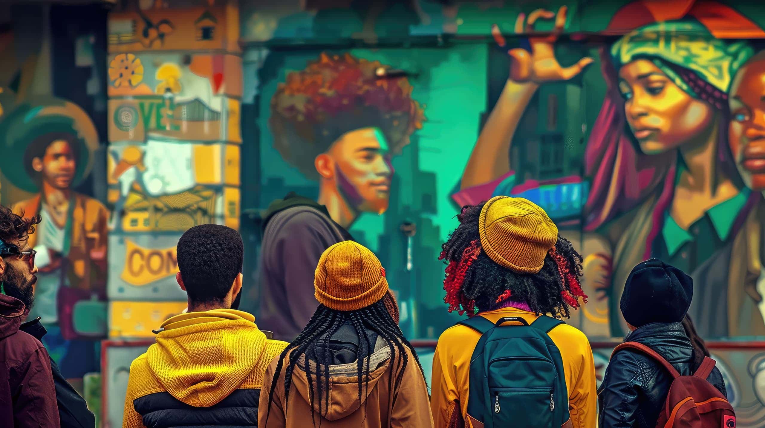 Um grande mural de arte urbana em uma cidade movimentada, onde artistas retratam diferentes causas apoiadas por ONGs, como sustentabilidade, direitos humanos e educação, enquanto um grupo de pessoas observa e compartilha nas redes sociais, simbolizando o impacto do marketing cultural.