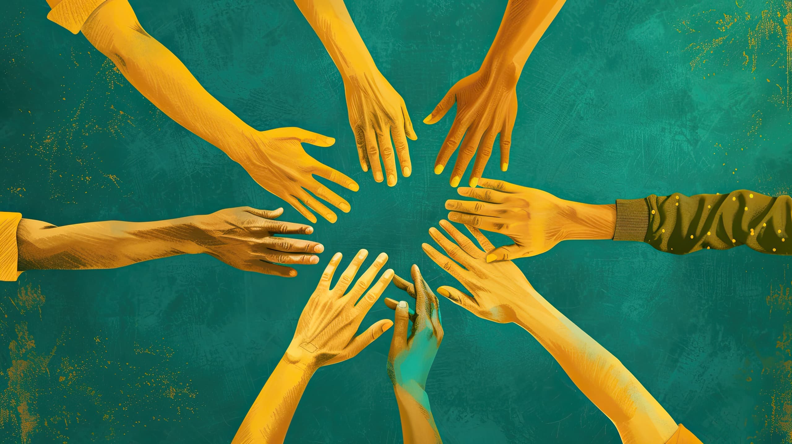Mostre várias mãos de diferentes pessoas formando um círculo, simbolizando a união e a colaboração entre diferentes stakeholders e como a gestão de stakeholders é essencial para o sucesso do projeto.
