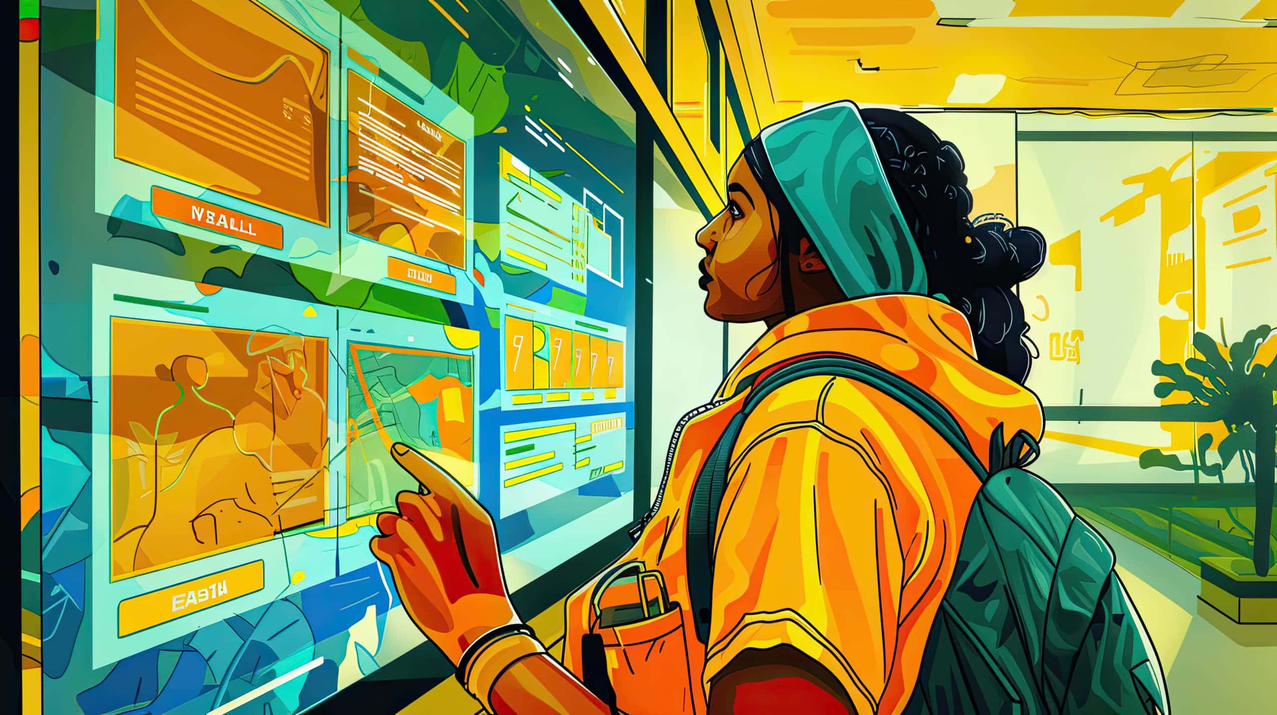 Um mural digital interativo onde cidadãos consultam informações sobre ações e projetos de uma ONG, com ícones representando acesso público, transparência, prestação de contas e participação social, mostrando como a lei fortalece a relação entre organizações e sociedade.