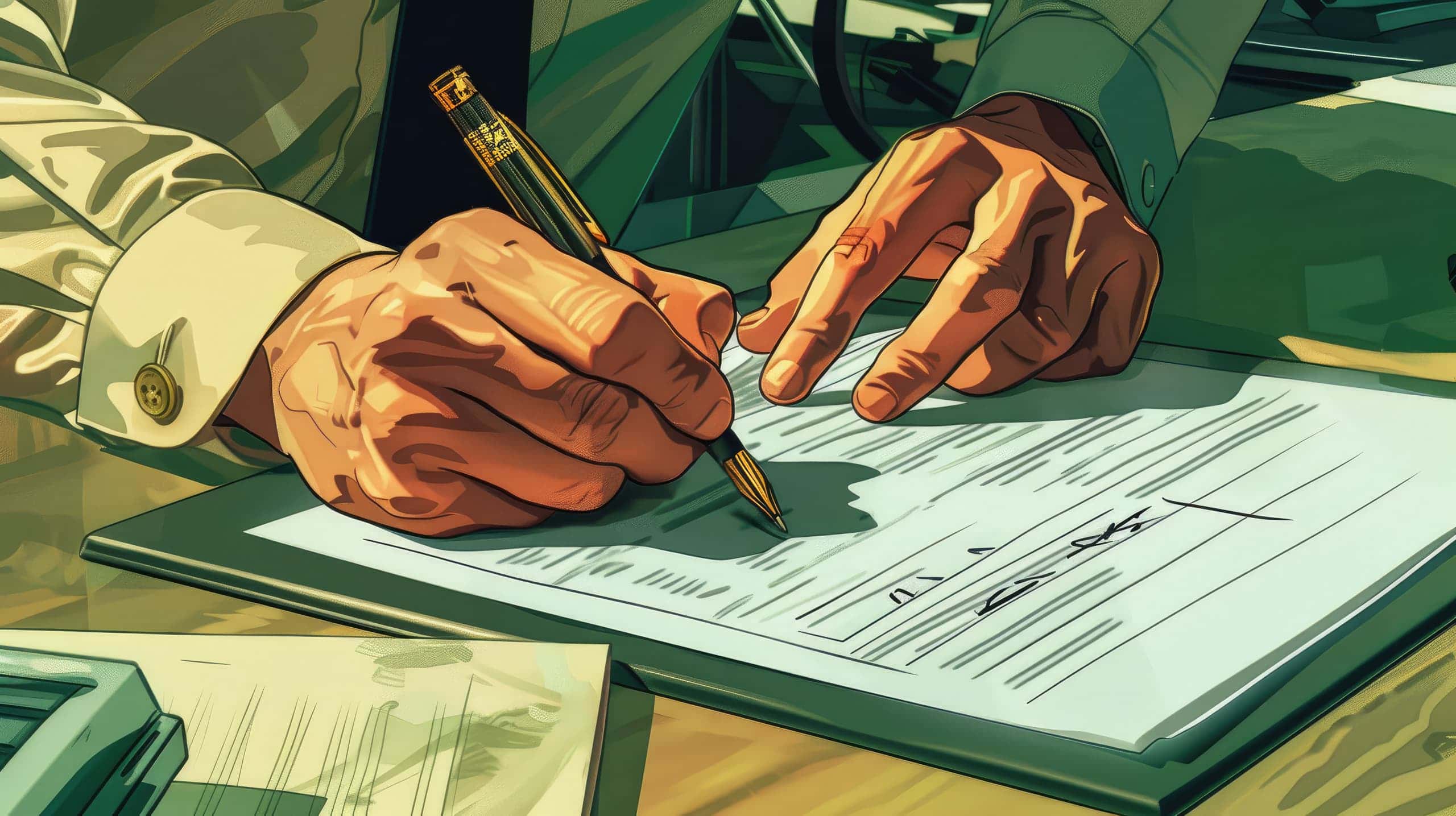 a mão de uma pessoa assinando um contrato de trabalho com uma caneta, sob uma mesa com materiais de escritório, transmitindo a ideia da contratação e legislação trabalhista em ONGs.