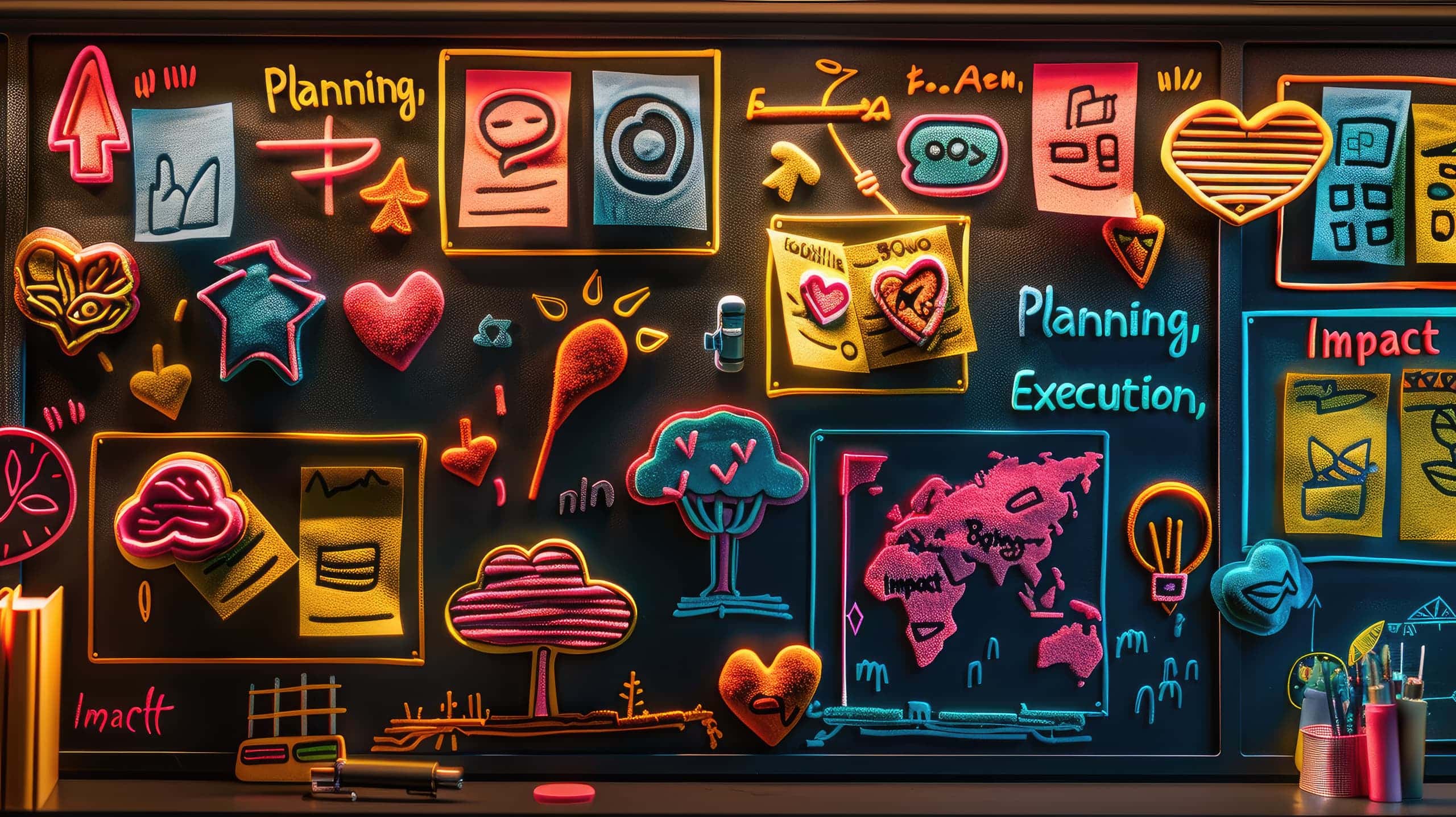 Um quadro de planejamento Kanban com colunas organizadas por etapas (como "Planejamento", "Execução" e "Impacto"), com post-its contendo ícones de impacto social, como corações, árvores e livros, simbolizando organização e propósito.