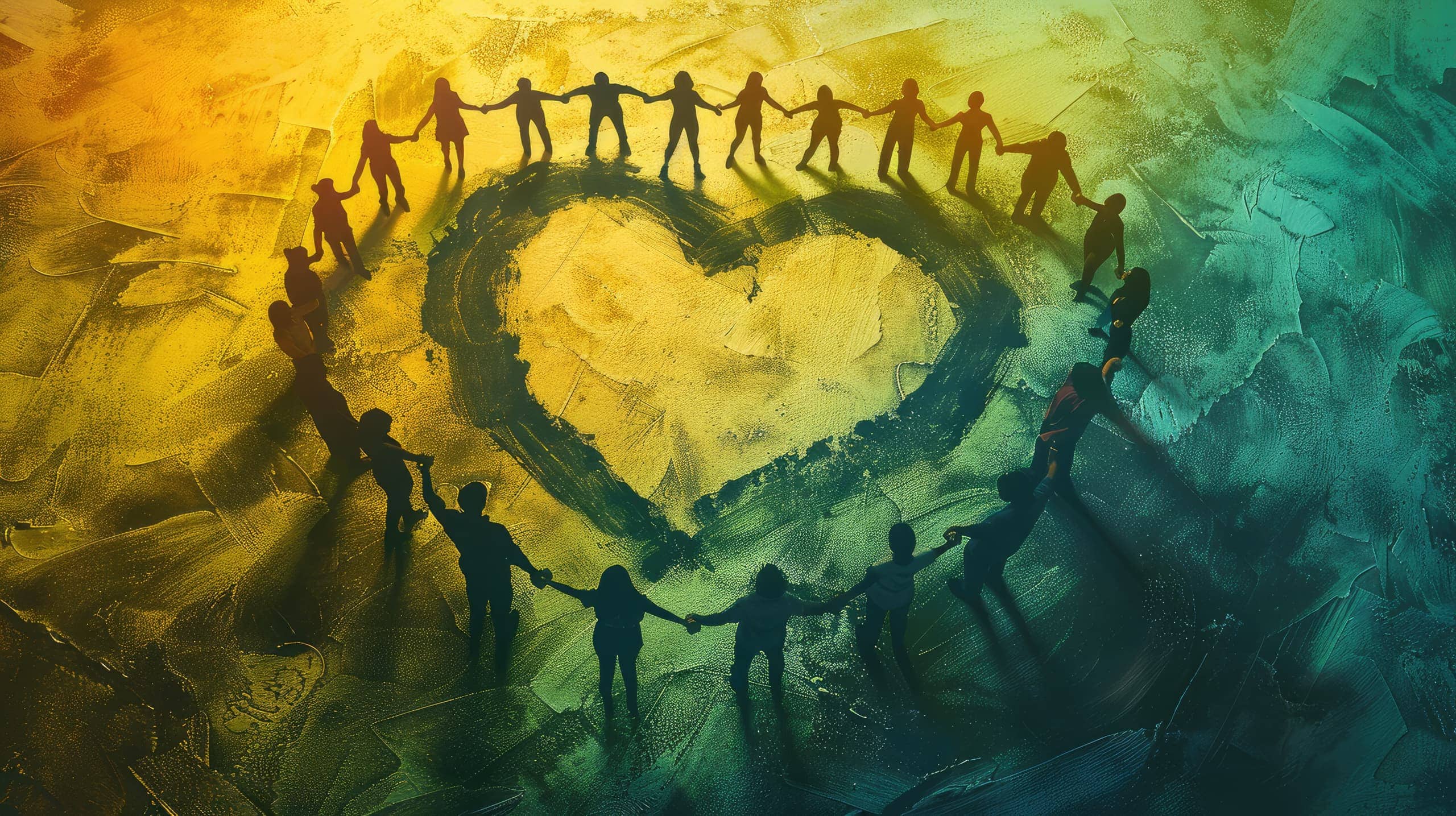 várias pessoas em círculo dando as mãos umas as outras formando o desenho de um coração, simbolizando a união e a colaboração dentro de uma rede de apoio. Isso representa o espírito de solidariedade e suporte mútuo entre empreendedores sociais.