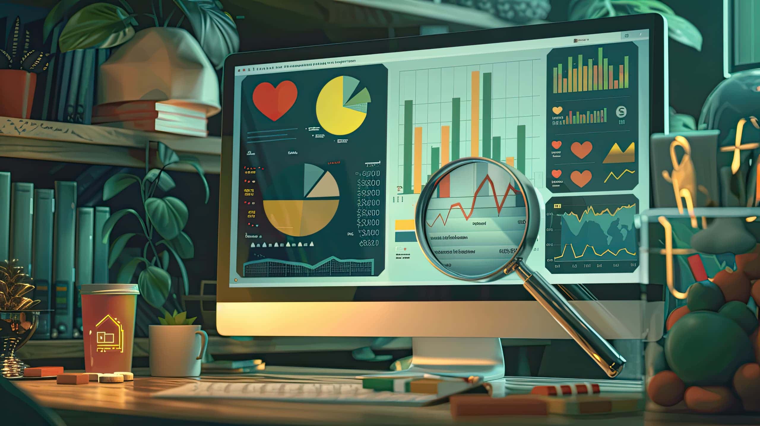 Uma tela de computador mostrando gráficos interativos, como barras, linhas e mapas de calor, com uma lupa ampliando uma seção. Ao fundo, símbolos de doações e impacto social, como corações e moedas.