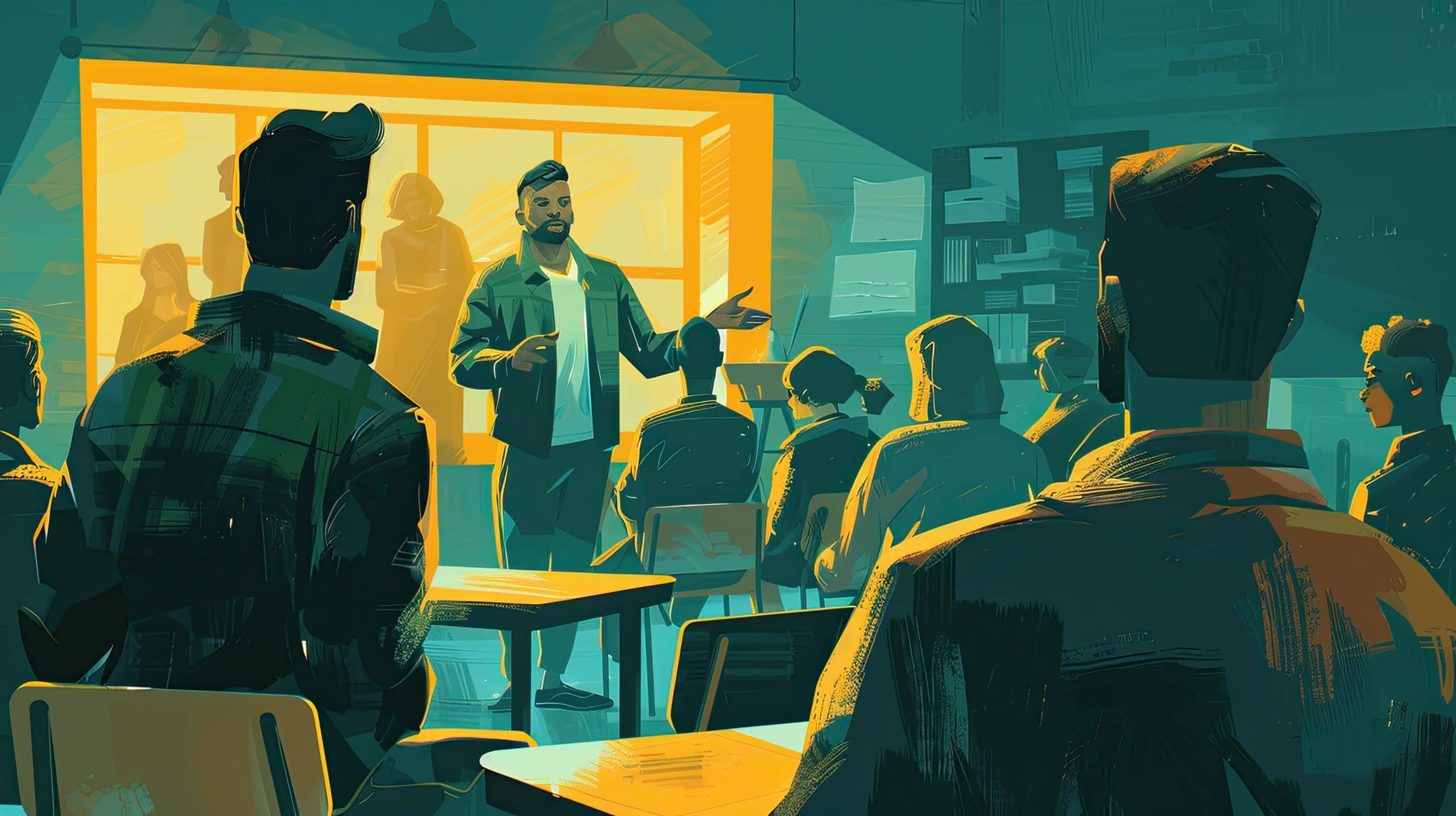 grupo de voluntários participando de uma sessão de treinamento, com um instrutor liderando a atividade, transmitindo a ideia de aprendizado e desenvolvimento de habilidades para voluntariado.