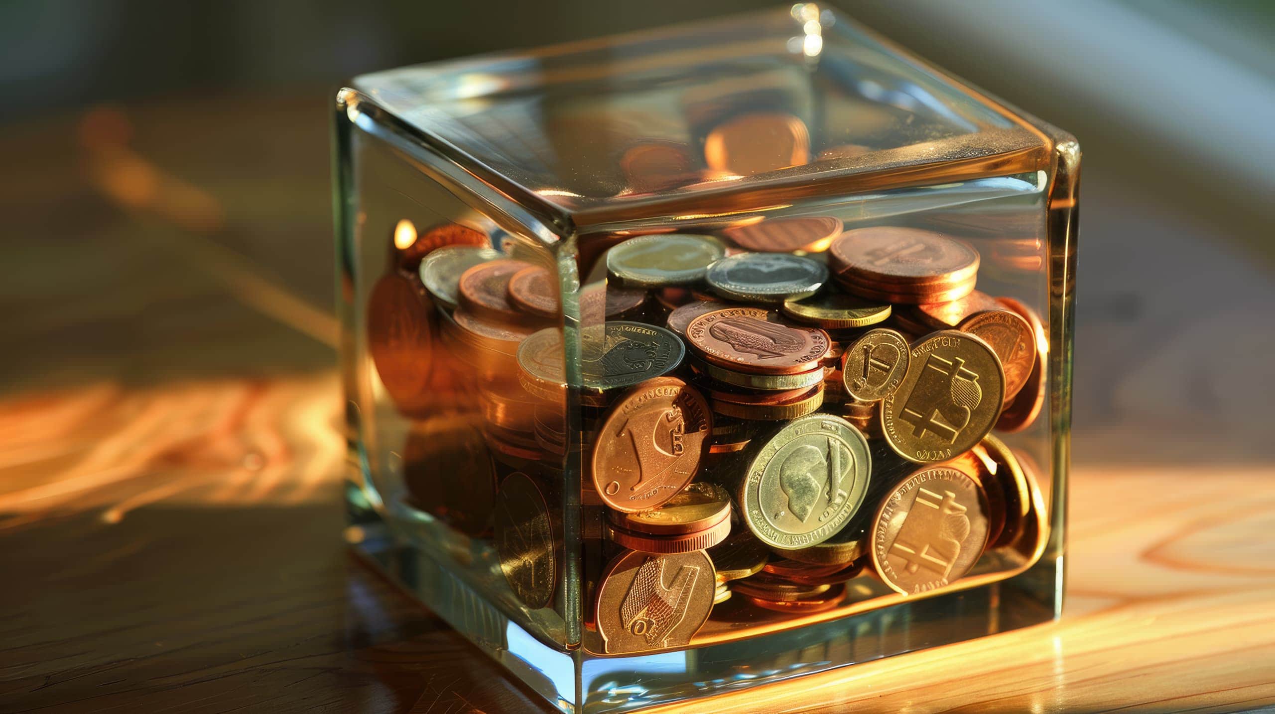 uma caixa de vidro cheia de moedas ou notas de dinheiro, simbolizando a transparência financeira. O vidro representa a visibilidade e a clareza no uso dos recursos arrecadados, permitindo que os doadores vejam onde suas contribuições são aplicadas.