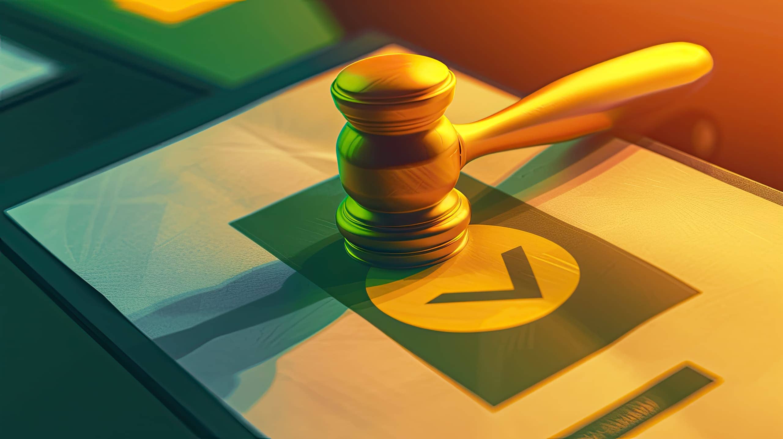 um martelo sobre um selo de conformidade, transmitindo a ideia de eficiência no compliance fiscal para organizações sem fins lucrativos.