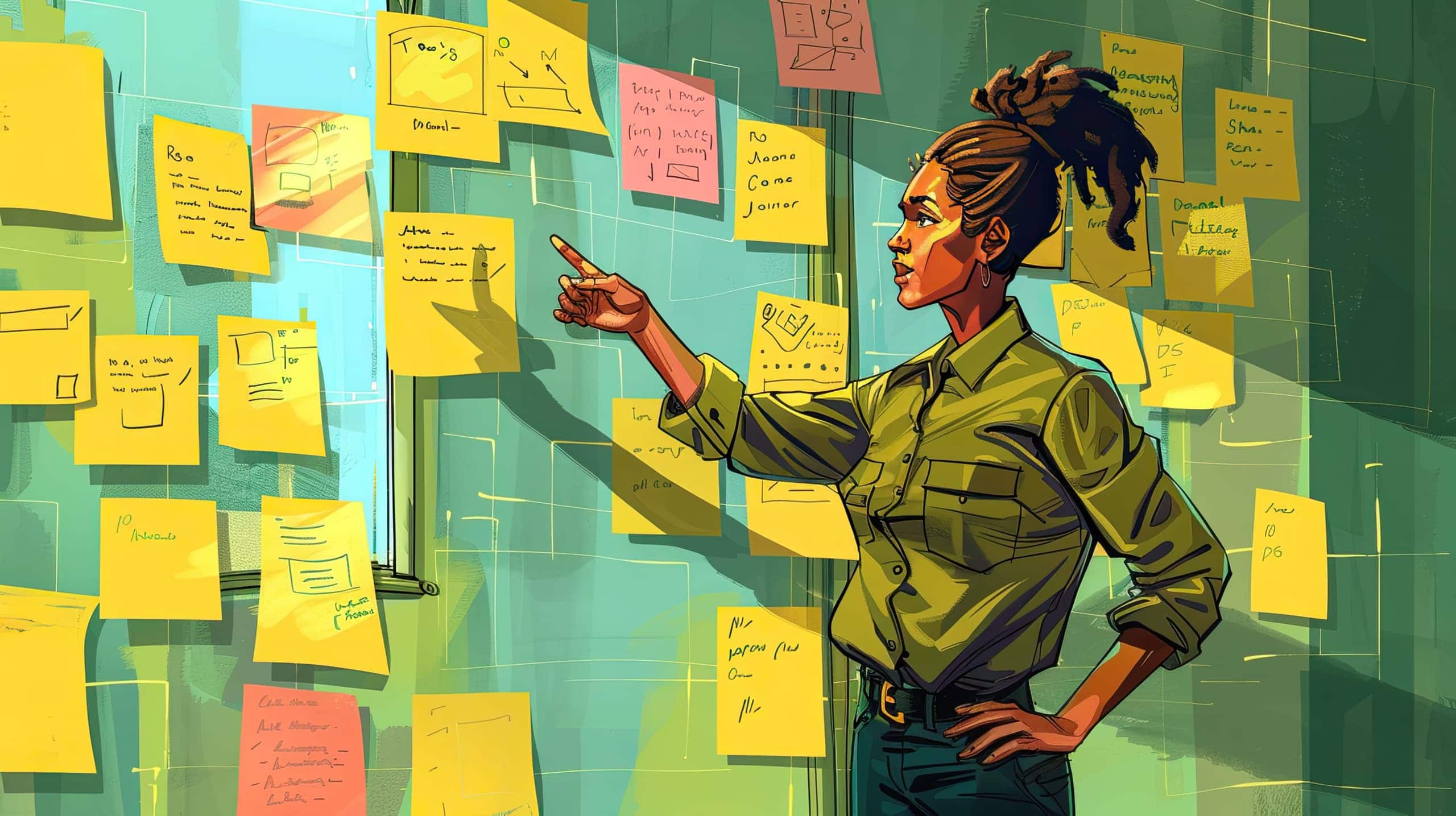 um líder de projeto social em pé apontando para um quadro de planejamento cheio de post-its coloridos, transmitindo a ideia das técnicas de liderança de projetos sociais.