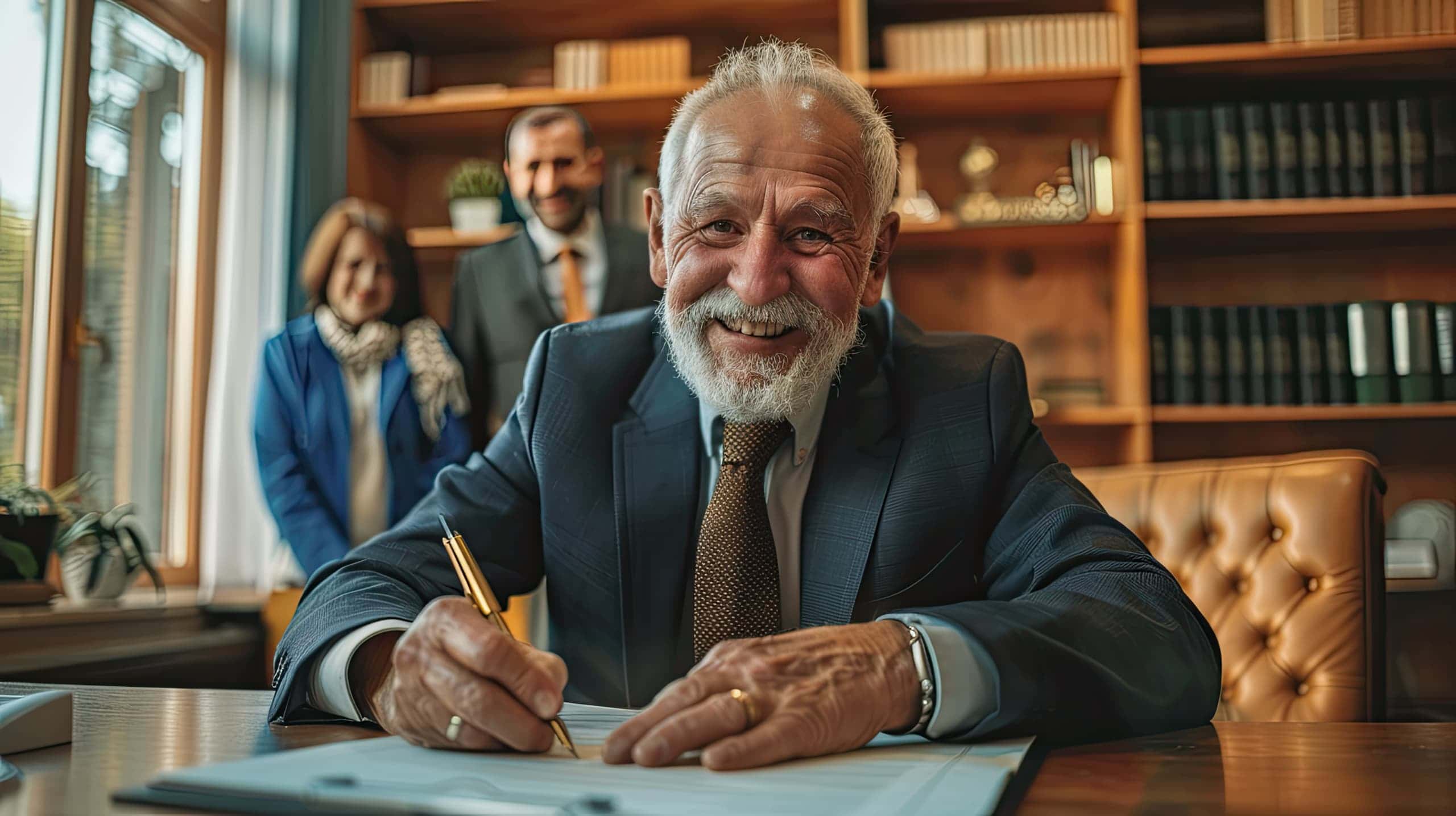 Um idoso sorridente assinando um testamento em um escritório jurídico, enquanto uma ONG representada por voluntários ao fundo recebe recursos para projetos sociais, simbolizando o impacto positivo das doações testamentárias.