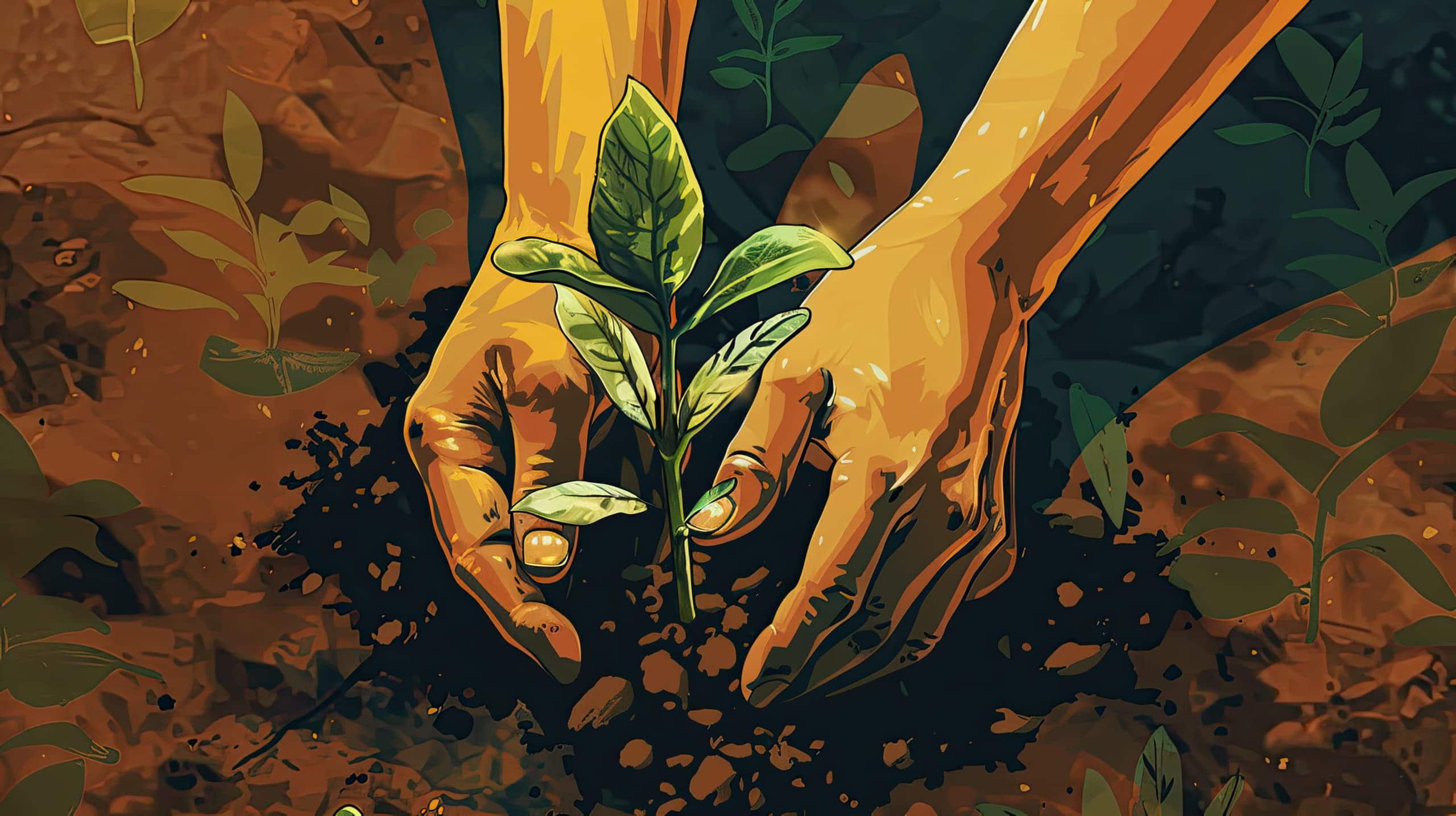 mãos plantando uma árvore, transmitindo a ideia de como alcançar a sustentabilidade em projetos sociais.
