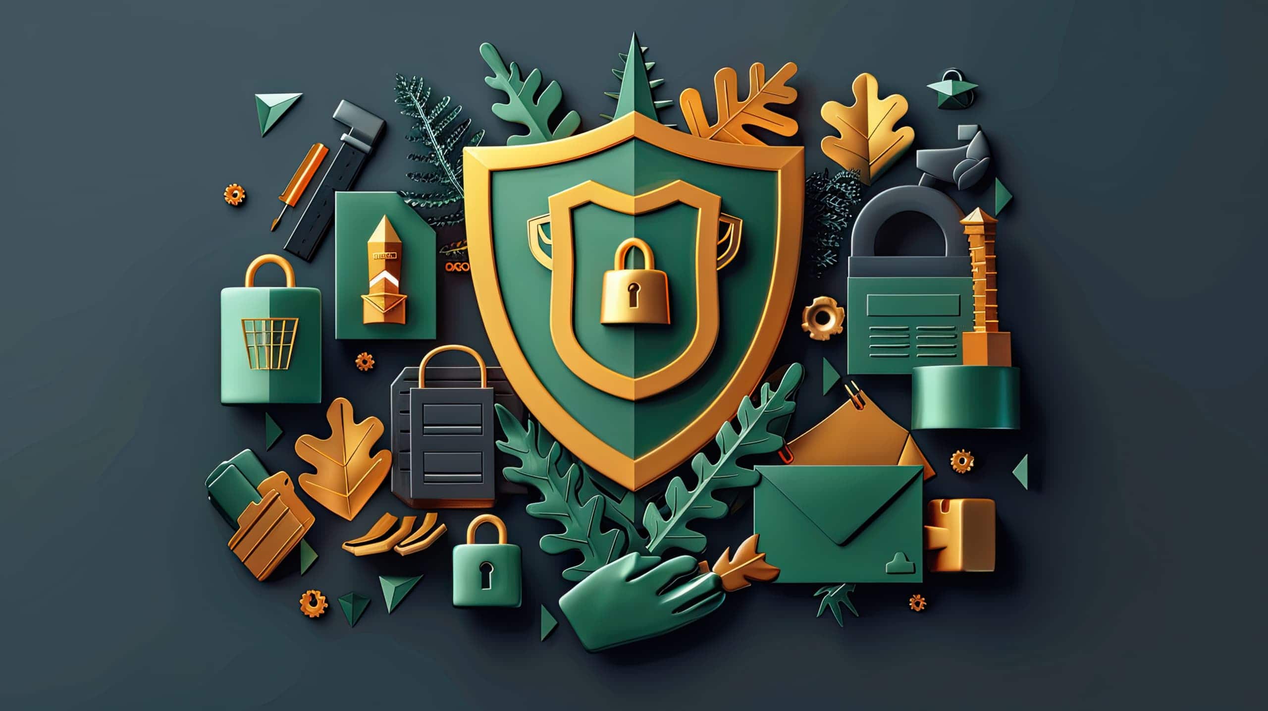 Um escudo estilizado cercado por ícones de compliance, como checklists, cadeados e relatórios financeiros.