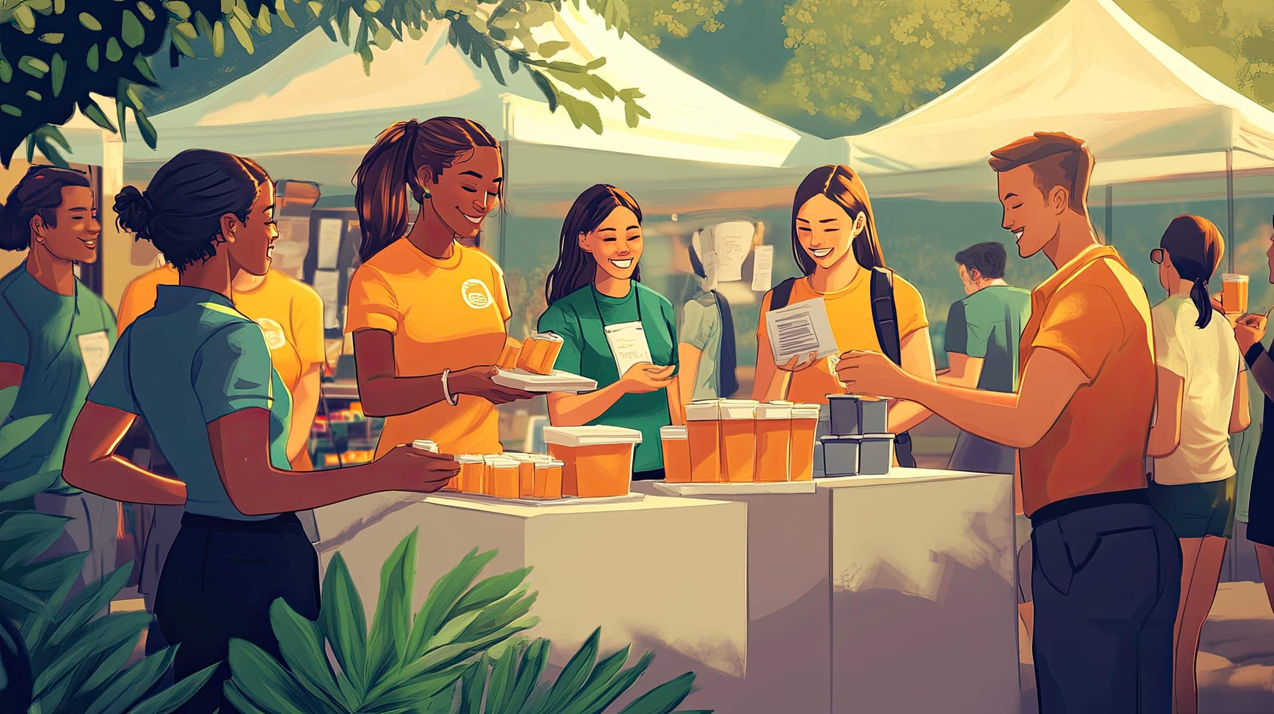voluntários montando estandes, decorando ou recebendo doações em um evento de arrecadação de fundos, simbolizando como o voluntariado impulsiona o sucesso de eventos beneficentes.