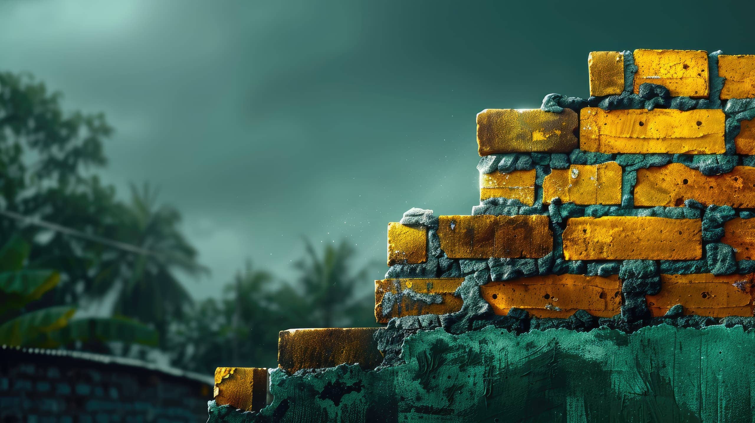 Uma muralha parcialmente construída com tijolos representando barreiras como escassez de recursos, falta de visibilidade e infraestrutura precária.