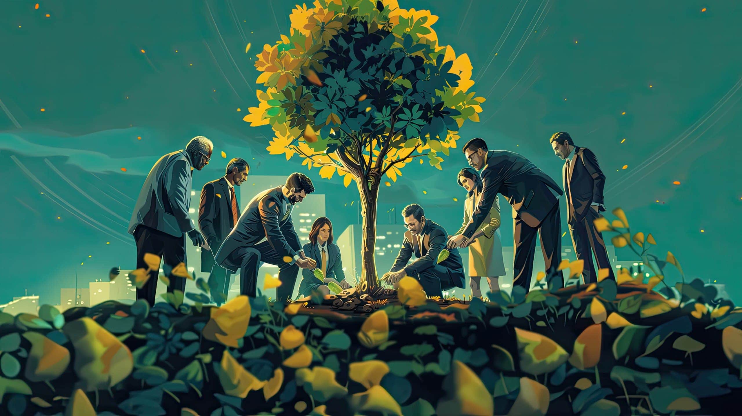 empresários plantando uma árvore juntos, representando a sustentabilidade em empreendimentos sociais.