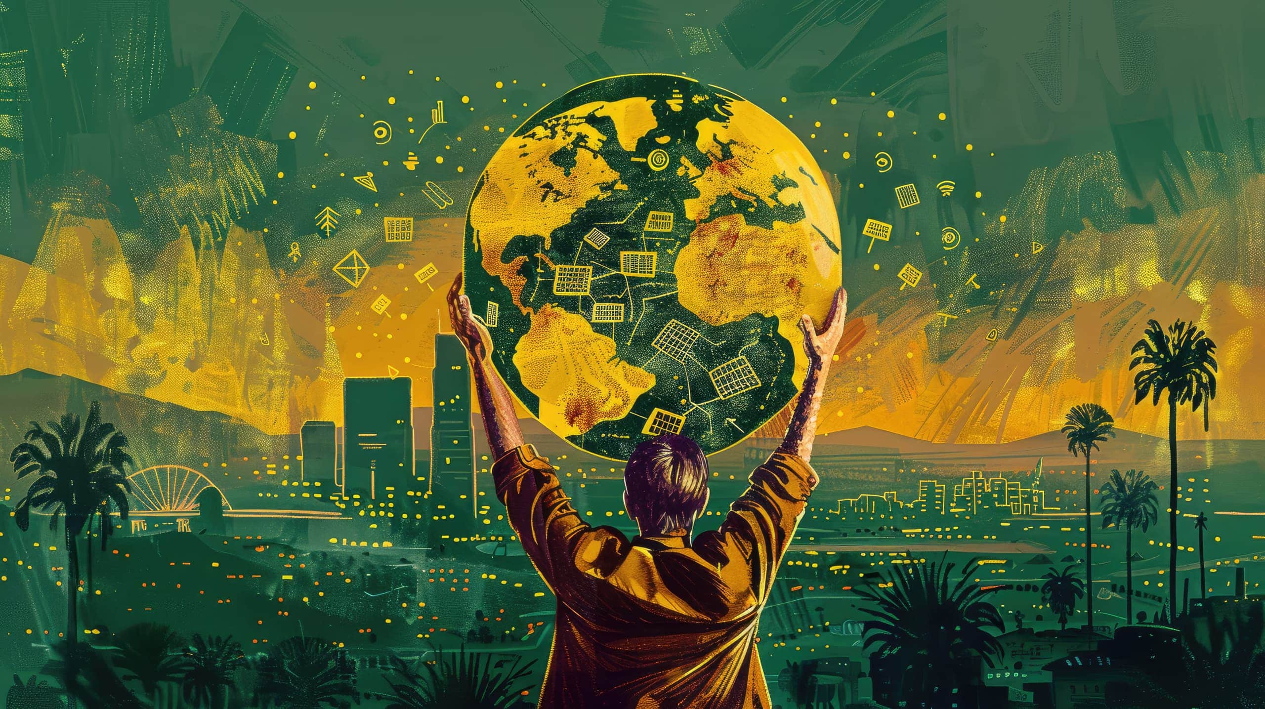 Um par de mãos segurando um globo terrestre verde, coberto por símbolos de inovação sustentável, como painéis solares, energia limpa, mobilidade sustentável e reciclagem, reforçando o impacto positivo das ONGs.