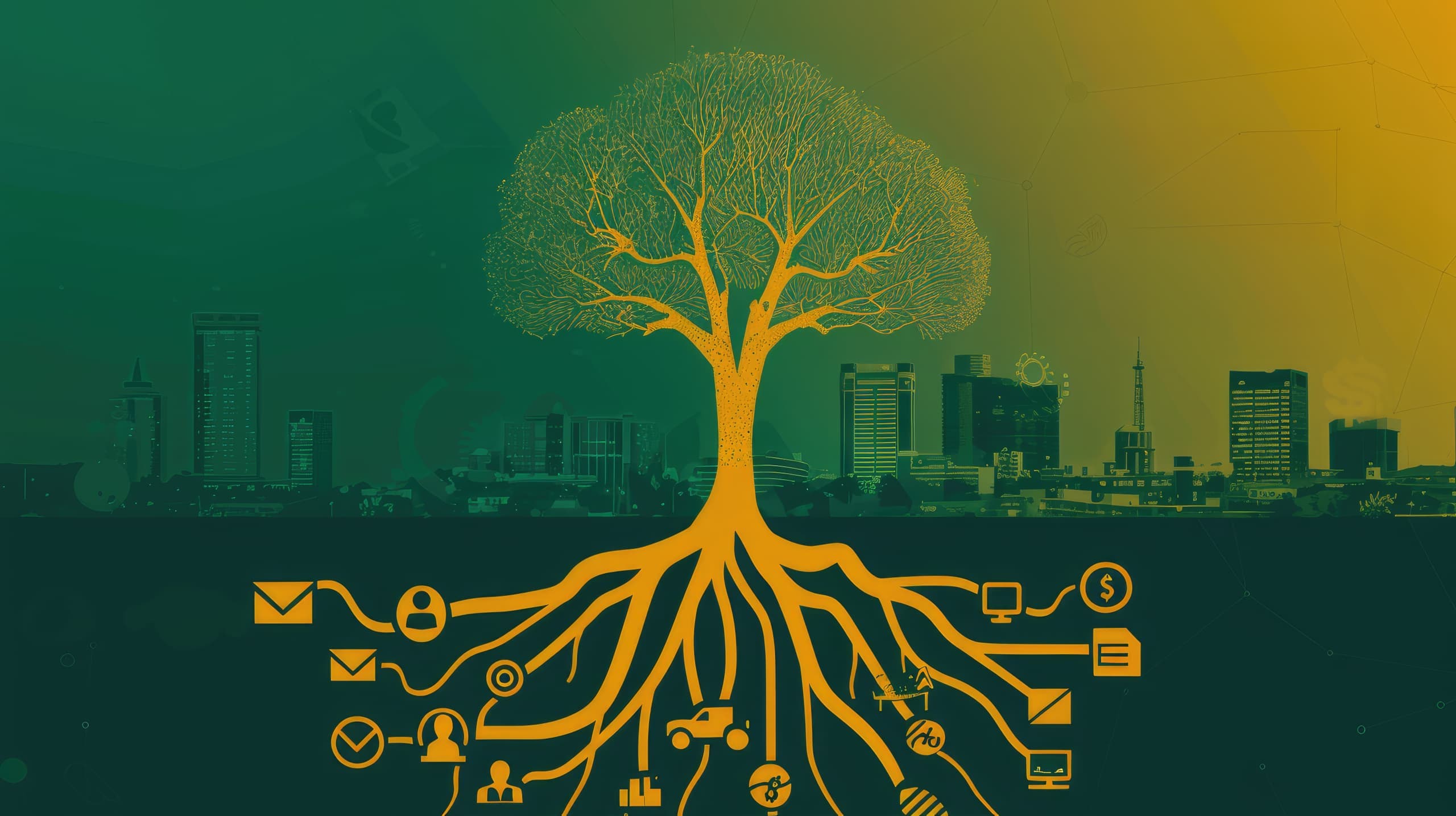 uma árvore com várias raízes e ramos, cada um representando diferentes fontes de receita para a ONG com ícones que simbolizam doações, eventos e parcerias para destacar a diversificação como uma estratégia de mitigação de riscos financeiros em ONGs.
