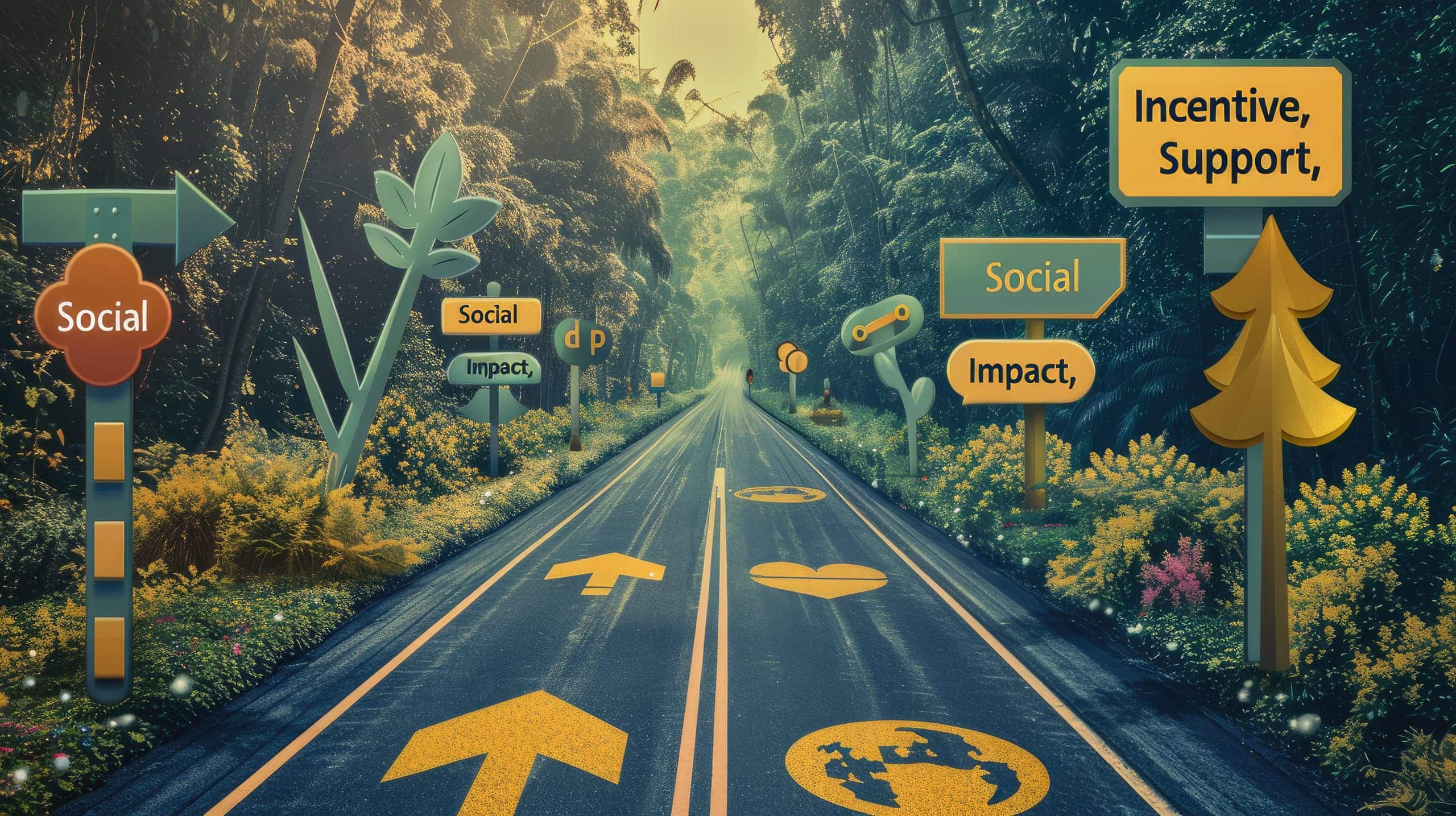 uma estrada com placas ao longo do caminho com palavras como "Incentivo", "Apoio Governamental" e "Impacto Social", representando o trajeto facilitado pelas políticas públicas para que empreendedores sociais possam atingir seus objetivos.
