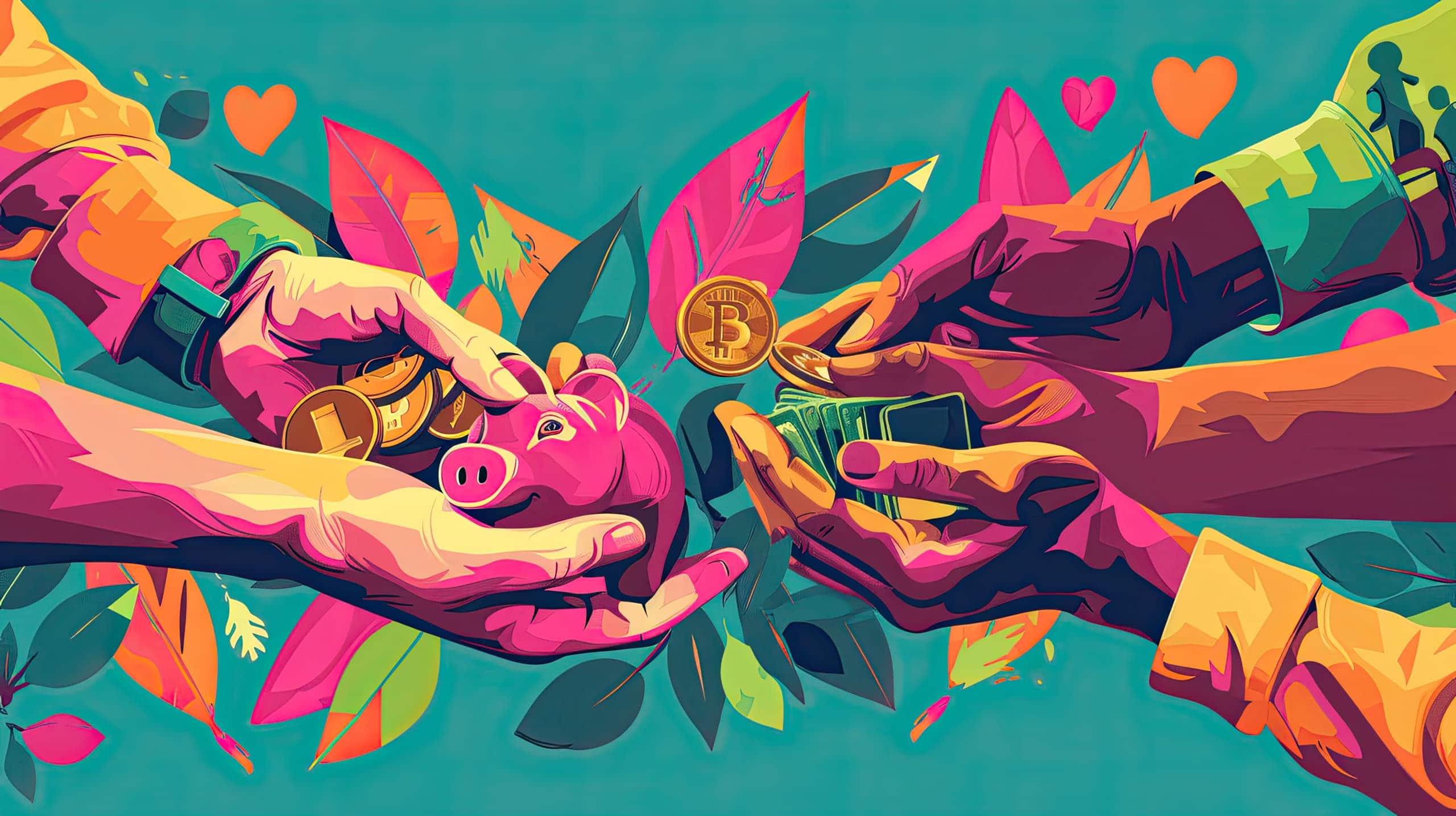 Um conjunto de mãos diferentes segurando moedas, notas ou um cofrinho, simbolizando colaboração financeira. No fundo, ícones de impacto social como corações e folhas reforçam o propósito do terceiro setor.