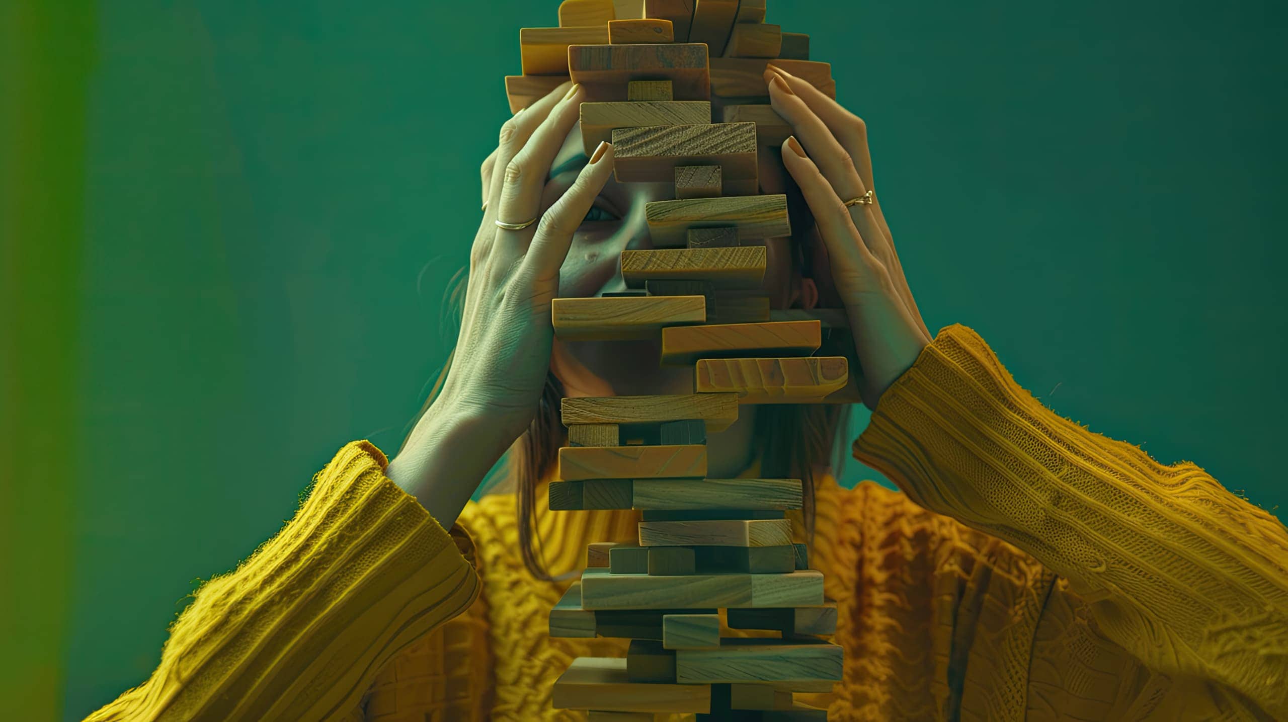 uma mulher construindo uma torre com blocos de madeira, onde cada bloco representa uma abordagem inovadora para gestão riscos em projetos sociais.
