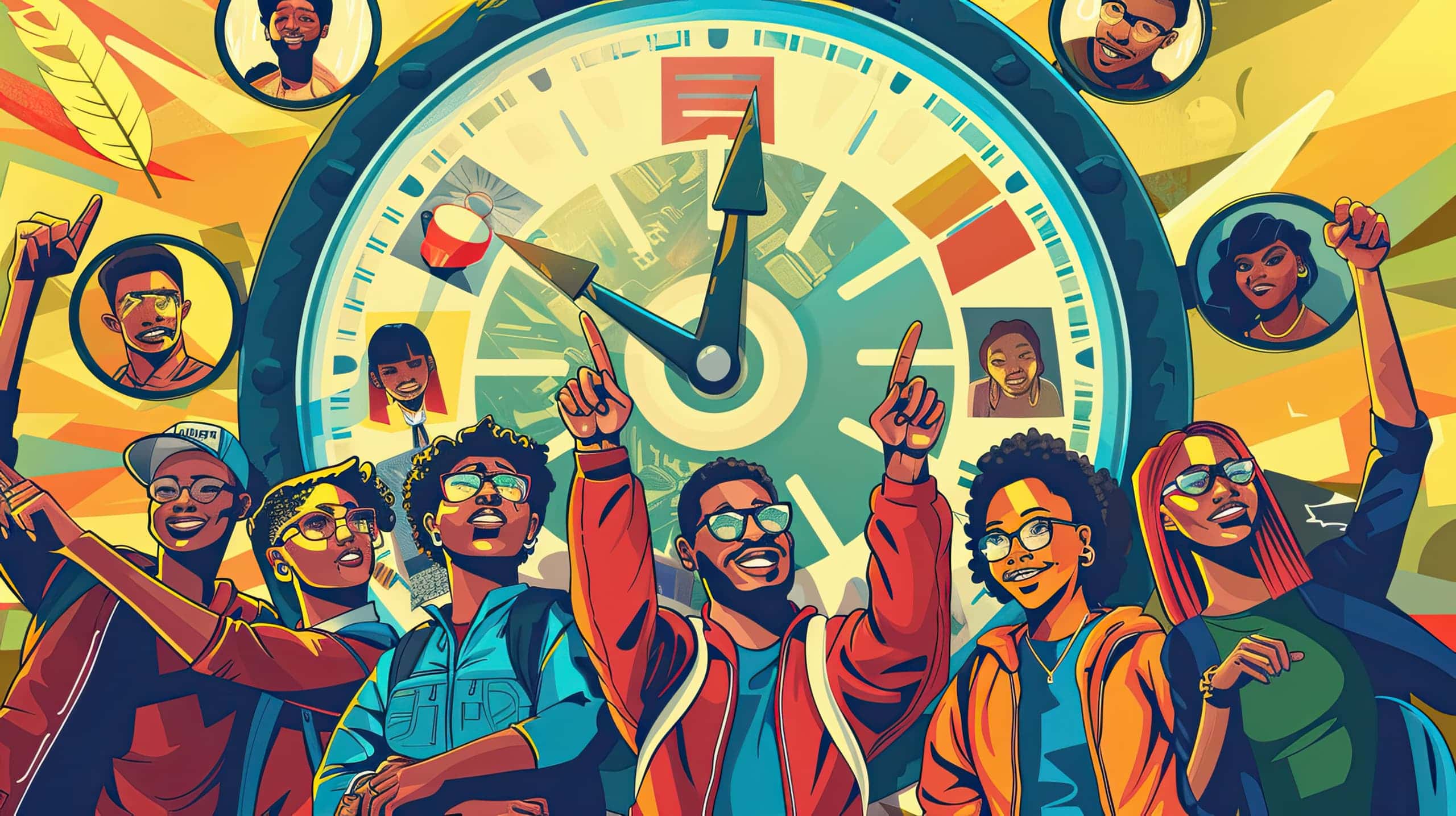Um grande relógio com ponteiros apontando para diferentes ícones de tarefas relacionadas a projetos sociais, como voluntariado, reuniões, captação de recursos e entrega de impacto, simbolizando a importância da gestão eficiente do tempo.