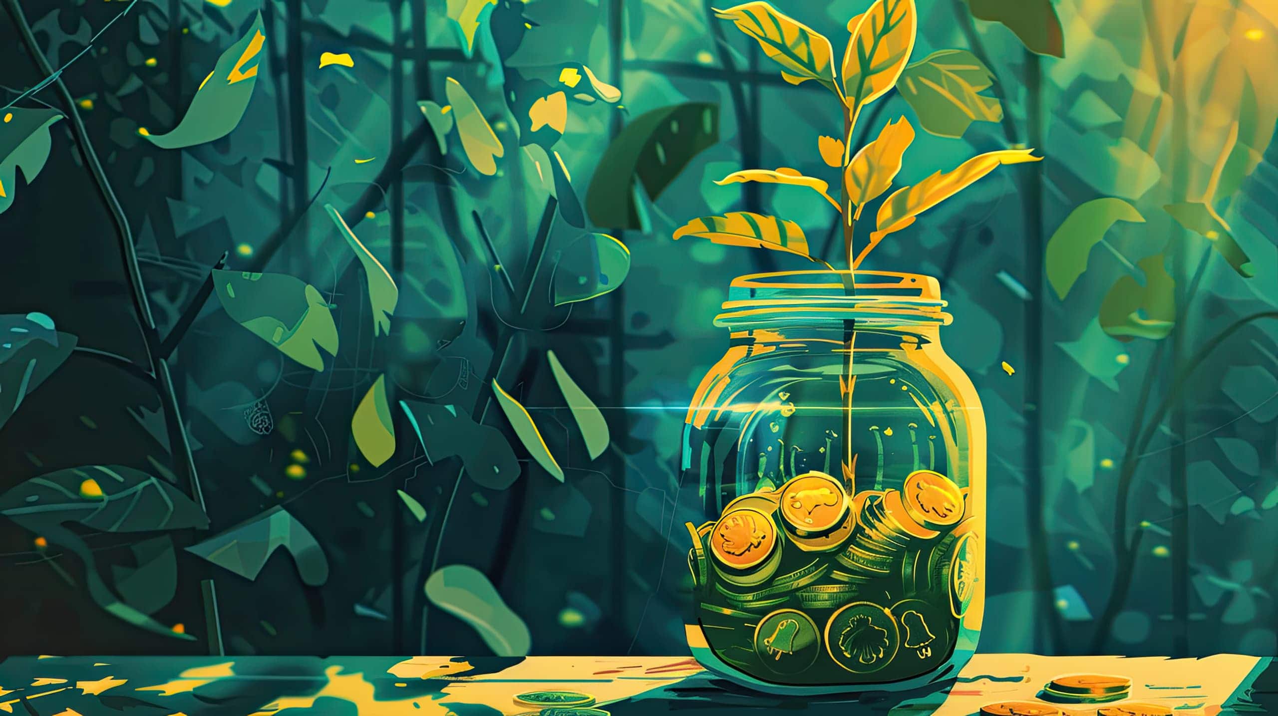 um planta crescendo de forma sustentável dentro de um pote de vidro cheio de moedas, representando o incentivo as doações recorrentes.