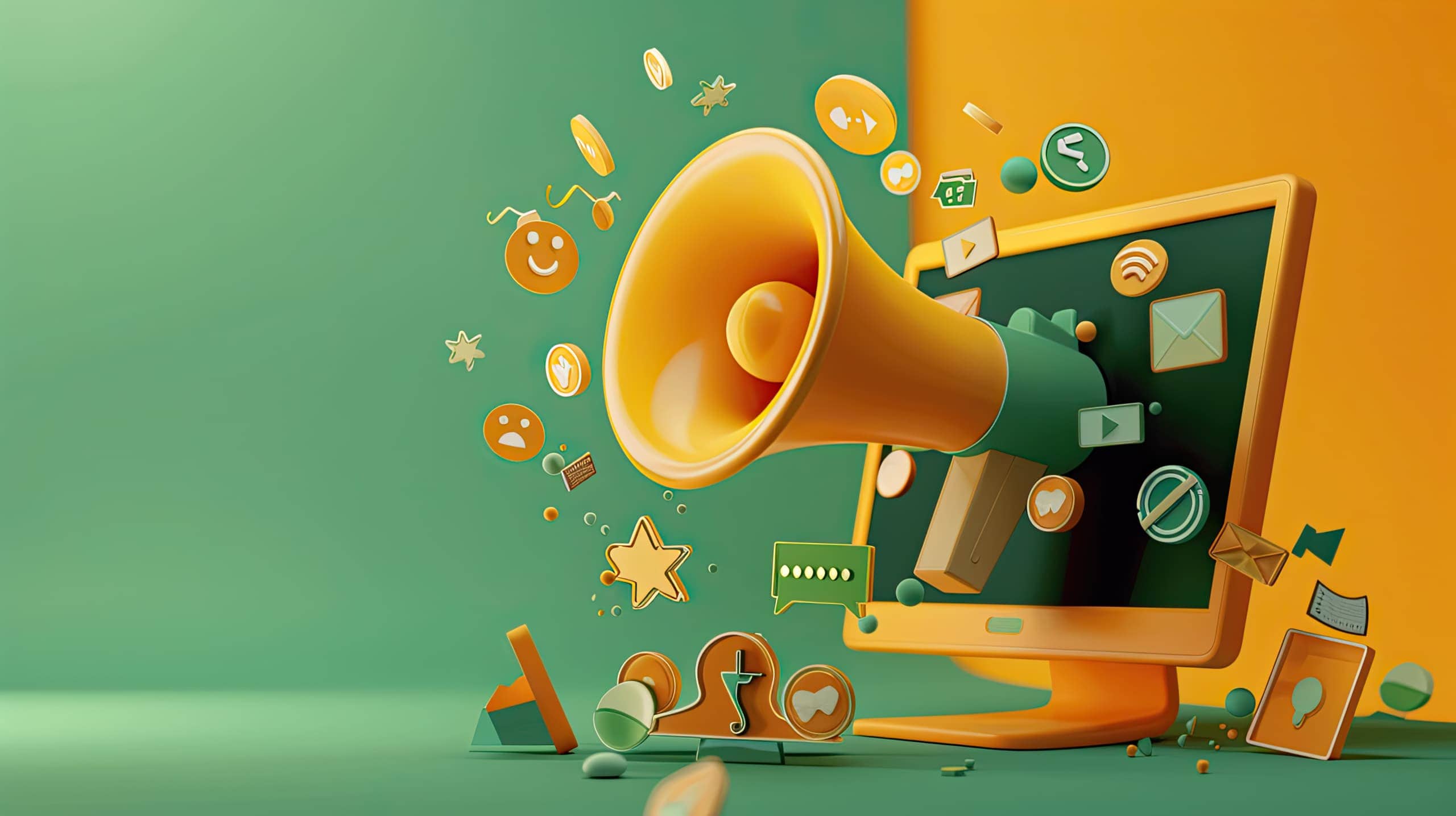Um megafone estilizado saindo de uma tela de computador ou smartphone, com ícones flutuantes de curtidas, compartilhamentos, comentários e doações, simbolizando como a comunicação amplia a captação de recursos.