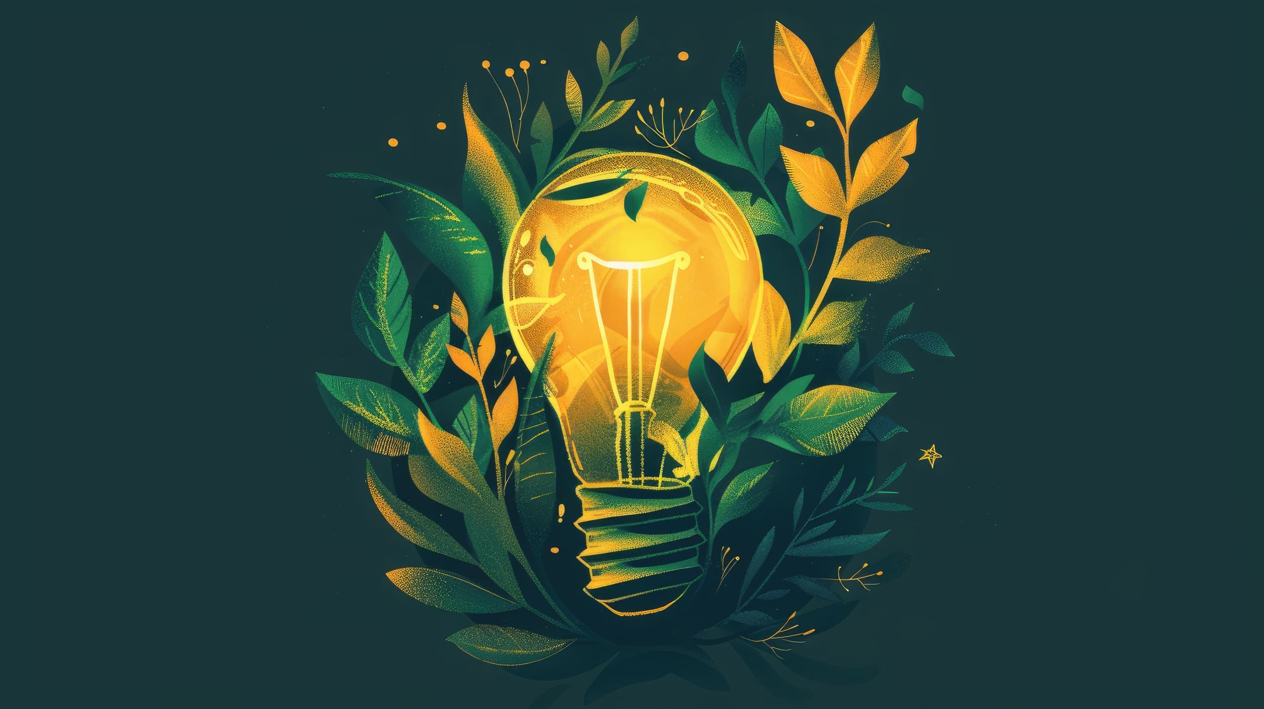 uma lâmpada acesa, com plantas e folhas crescendo dentro e ao redor dela. A lâmpada representa a criatividade e o empreendedorismo, enquanto as plantas simbolizam o crescimento sustentável e a vitalidade das tendências no empreendedorismo social.