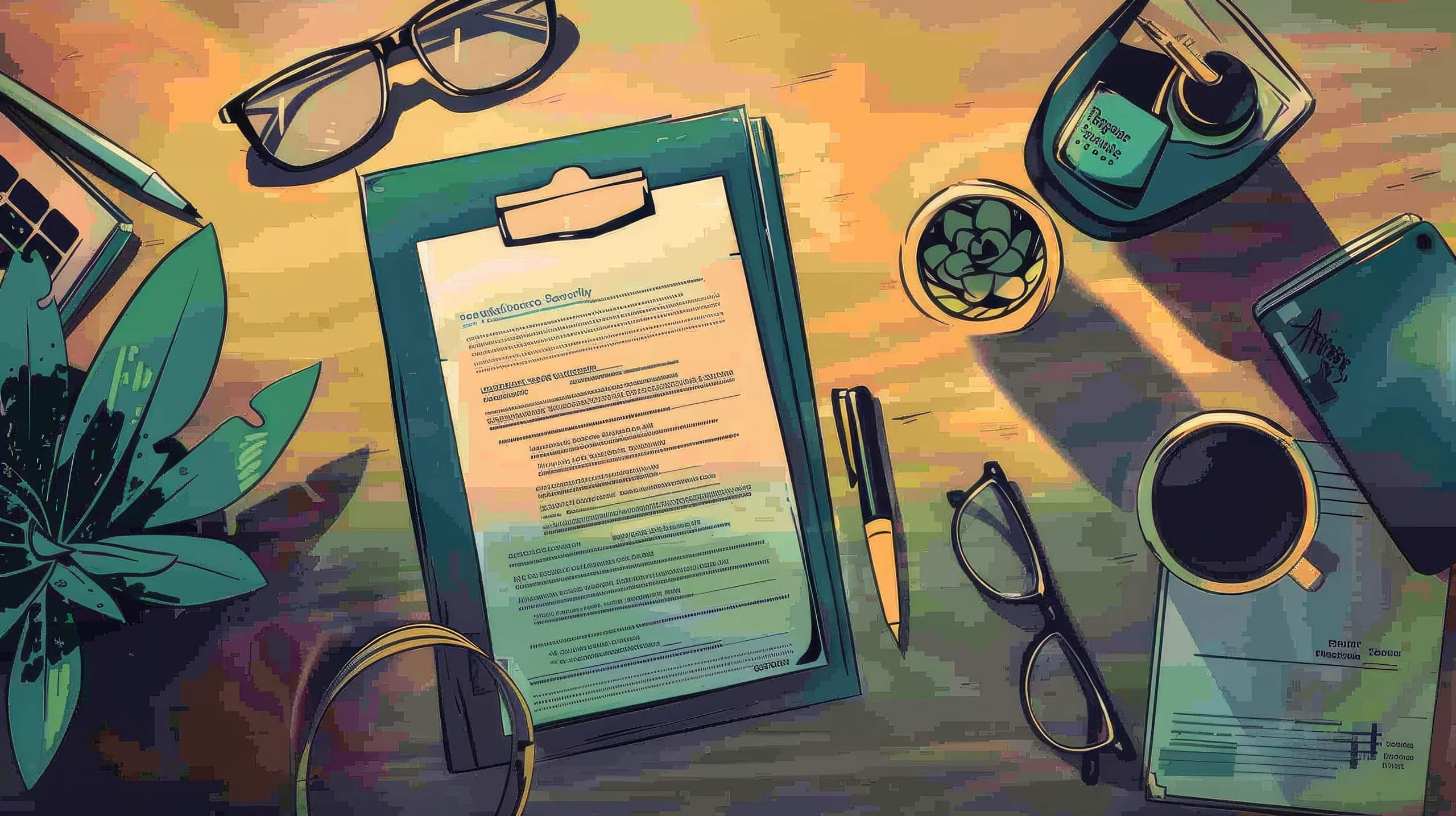 um manual de políticas internas em uma mesa, com seções claramente marcadas, uma caneta ao lado para simbolizar a criação e a formalização das políticas.