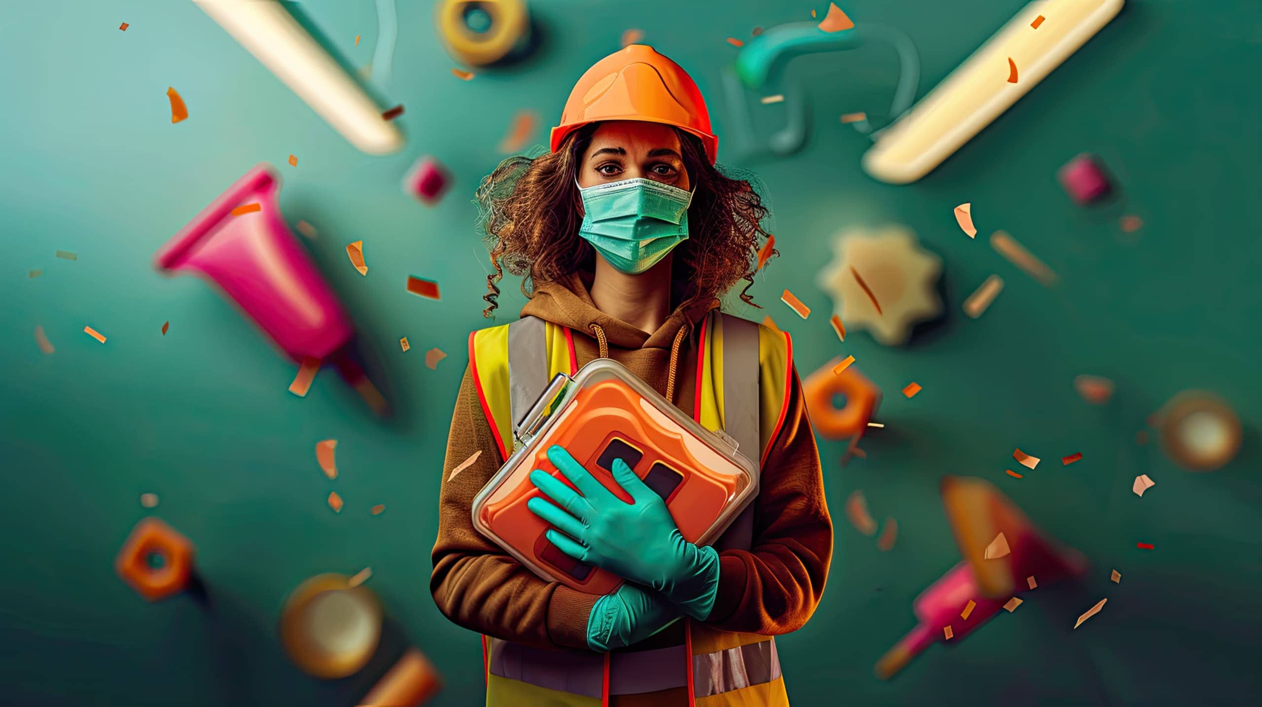 Um voluntário vestindo equipamentos de proteção, como luvas, máscara e colete refletivo, segurando um kit de primeiros socorros, representando a importância dos cuidados com a segurança durante as atividades.