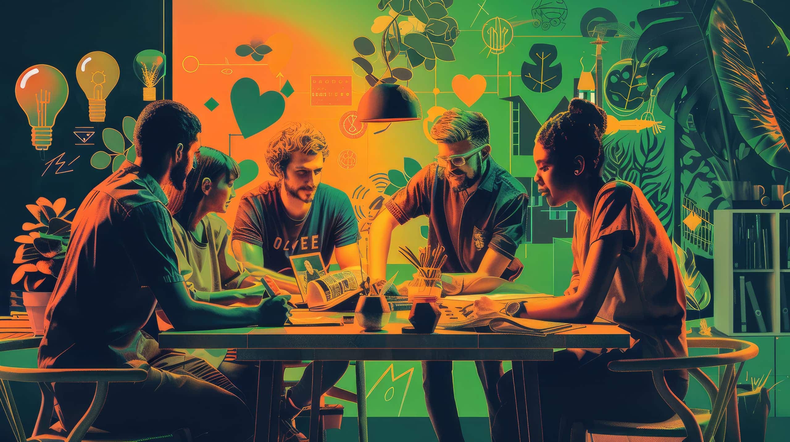 Representantes de uma empresa e uma ONG, com uma mesa ao fundo cheia de planos, documentos e gráficos. Ao redor, ícones de impacto social como corações, árvores e livros, representando os resultados positivos.
