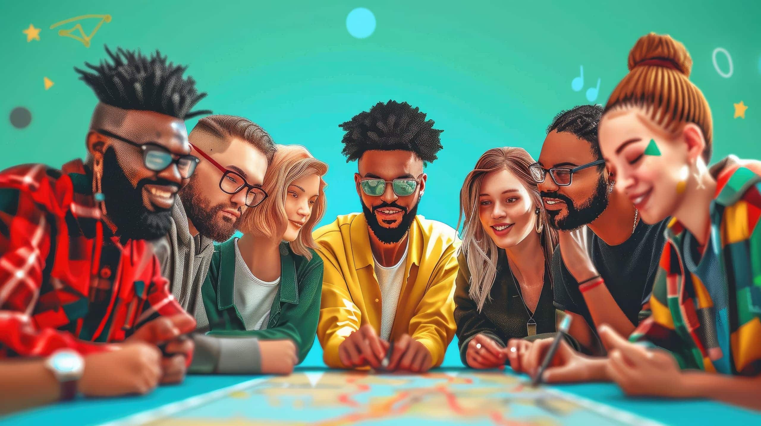 Um grupo de pessoas diversas reunidas ao redor de uma mesa com mapas, gráficos e anotações, simbolizando a colaboração e o planejamento estratégico para fortalecer comunidades.