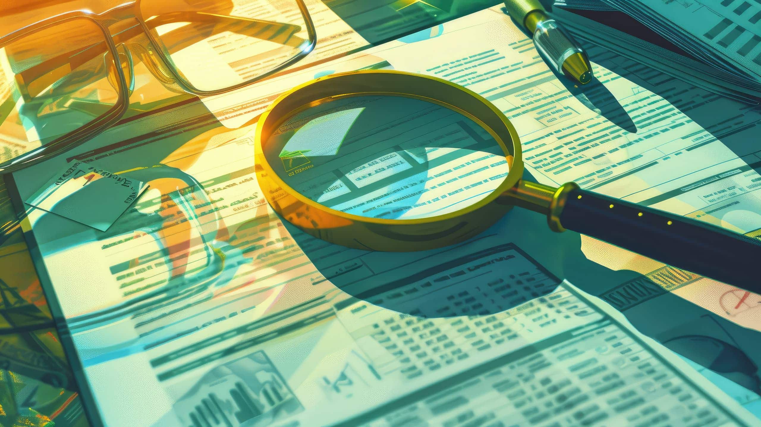 gestores revisando documentos e registros financeiros, com uma lupa e carimbos de aprovação, representando a importância da transparência e do controle rigoroso na eficiência financeira em projetos sociais.