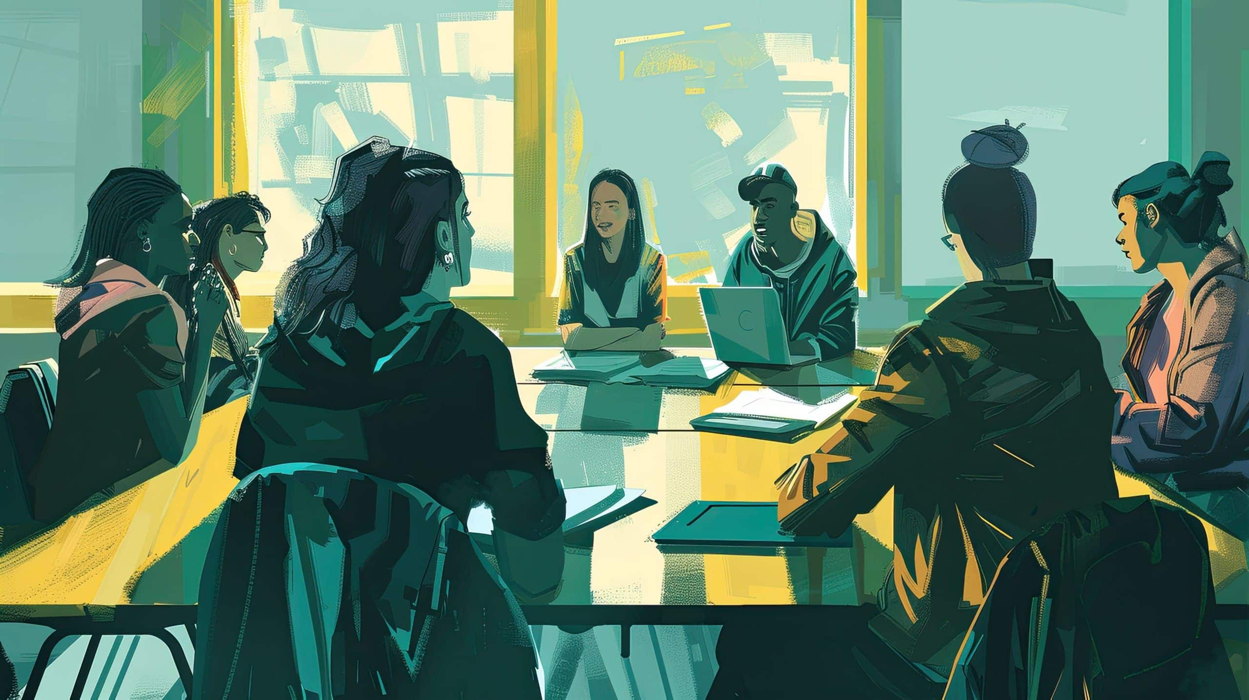 um grupo de voluntários reunidos em torno de uma mesa, discutindo documentos legais, transmitindo a ideia de conscientização e engajamento em relação às mudanças recentes na legislação de voluntariado no Brasil.