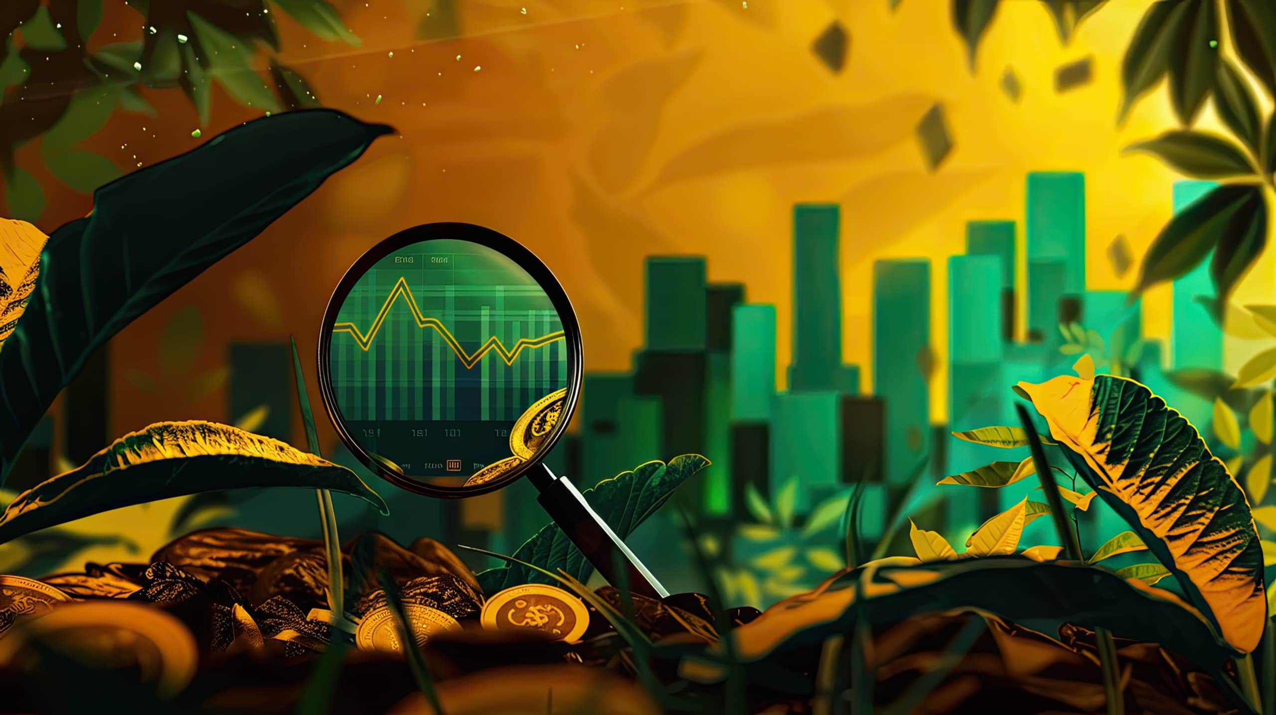 Uma lupa ampliando uma parte de um relatório financeiro, destacando números, gráficos e indicadores, simbolizando a necessidade de monitoramento detalhado para garantir transparência e eficiência financeira.