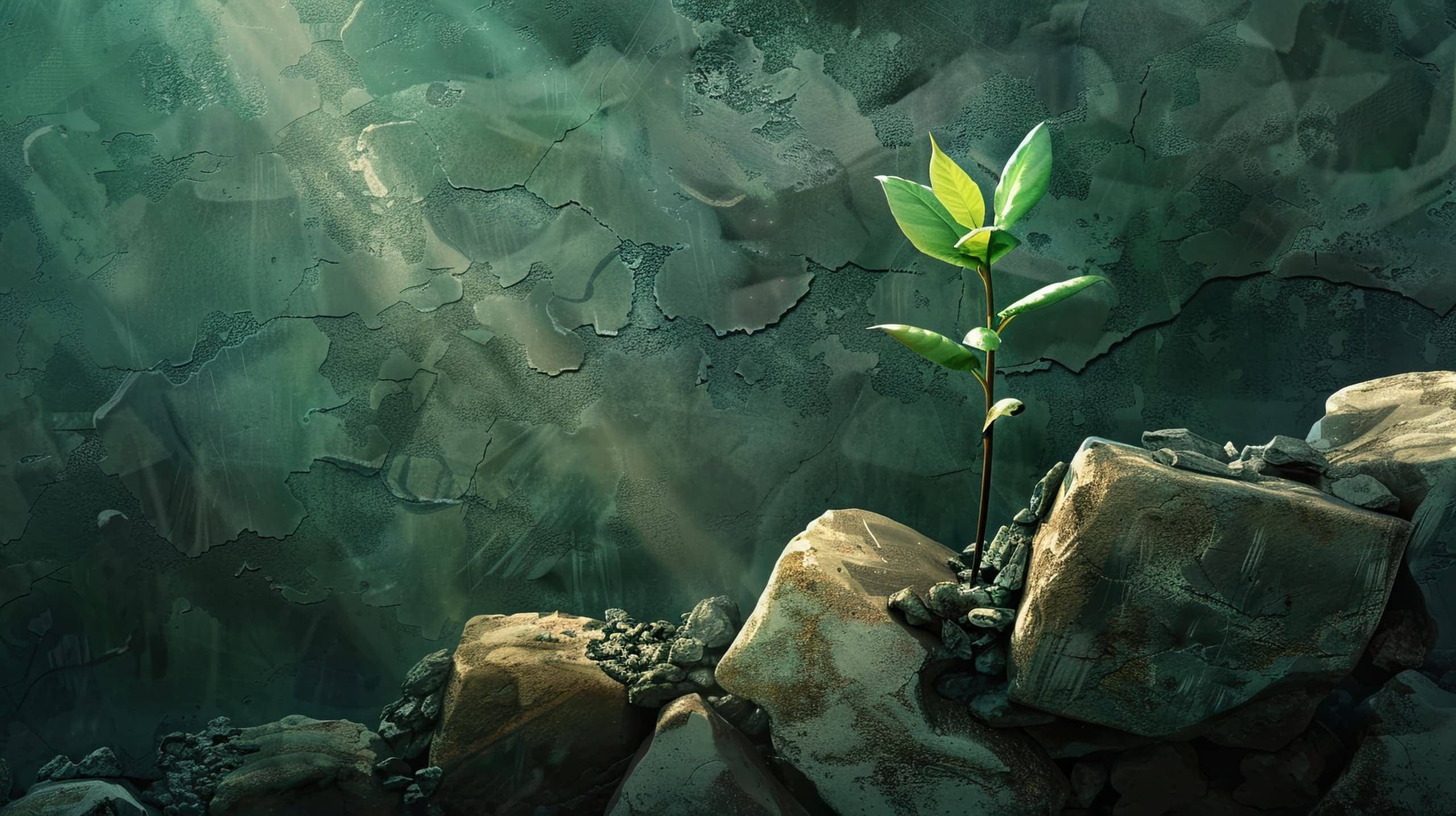 uma pequena planta crescendo entre pedras ou concreto, simbolizando a força e a resiliência em condições difíceis. Essa imagem representa como ONGs podem prosperar mesmo diante de adversidades, adaptando-se aos obstáculos.