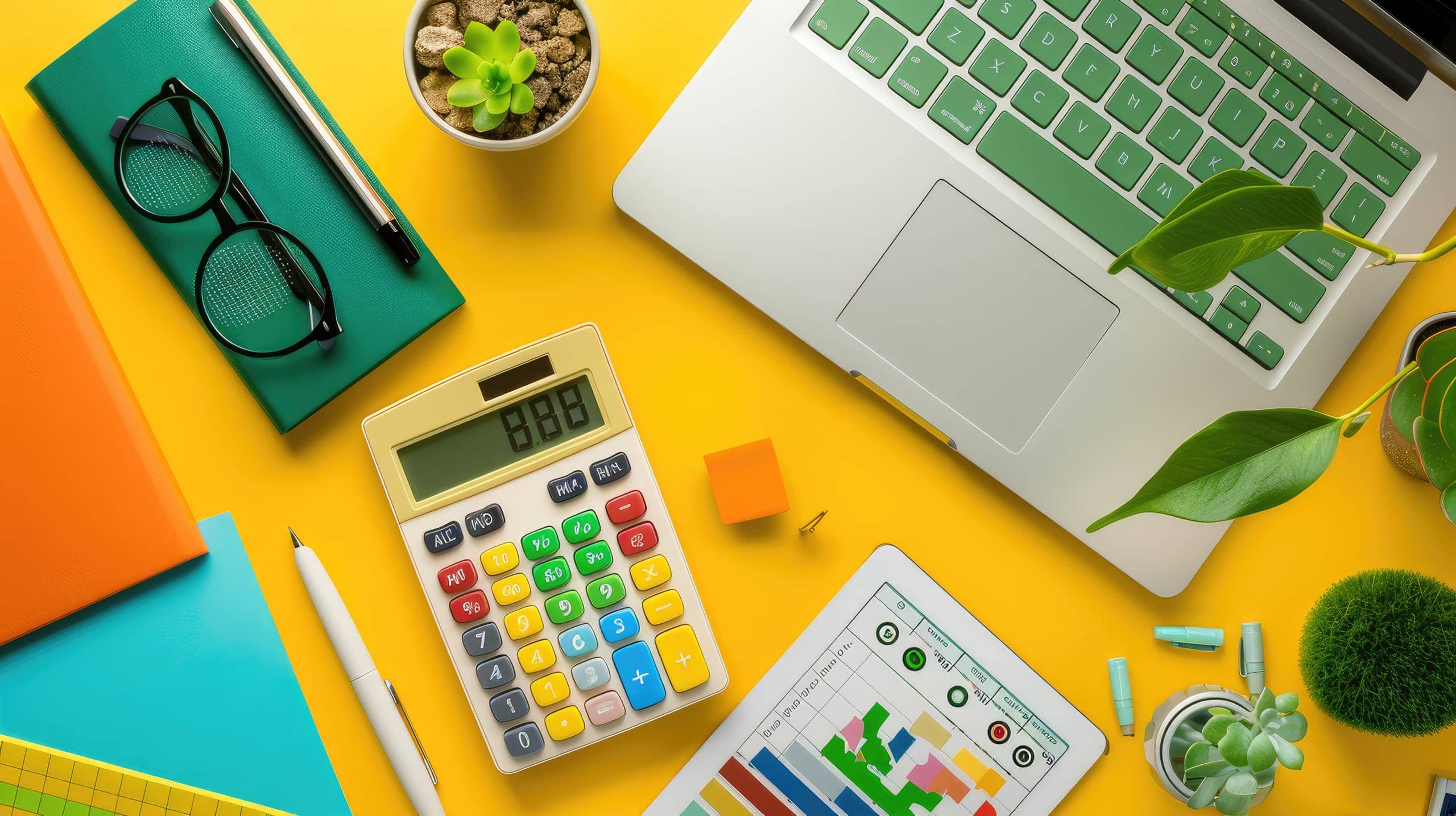 Uma calculadora com botões personalizados que incluem ícones de impacto social, como saúde, educação e sustentabilidade. Ao lado, planilhas e relatórios sugerem planejamento detalhado.