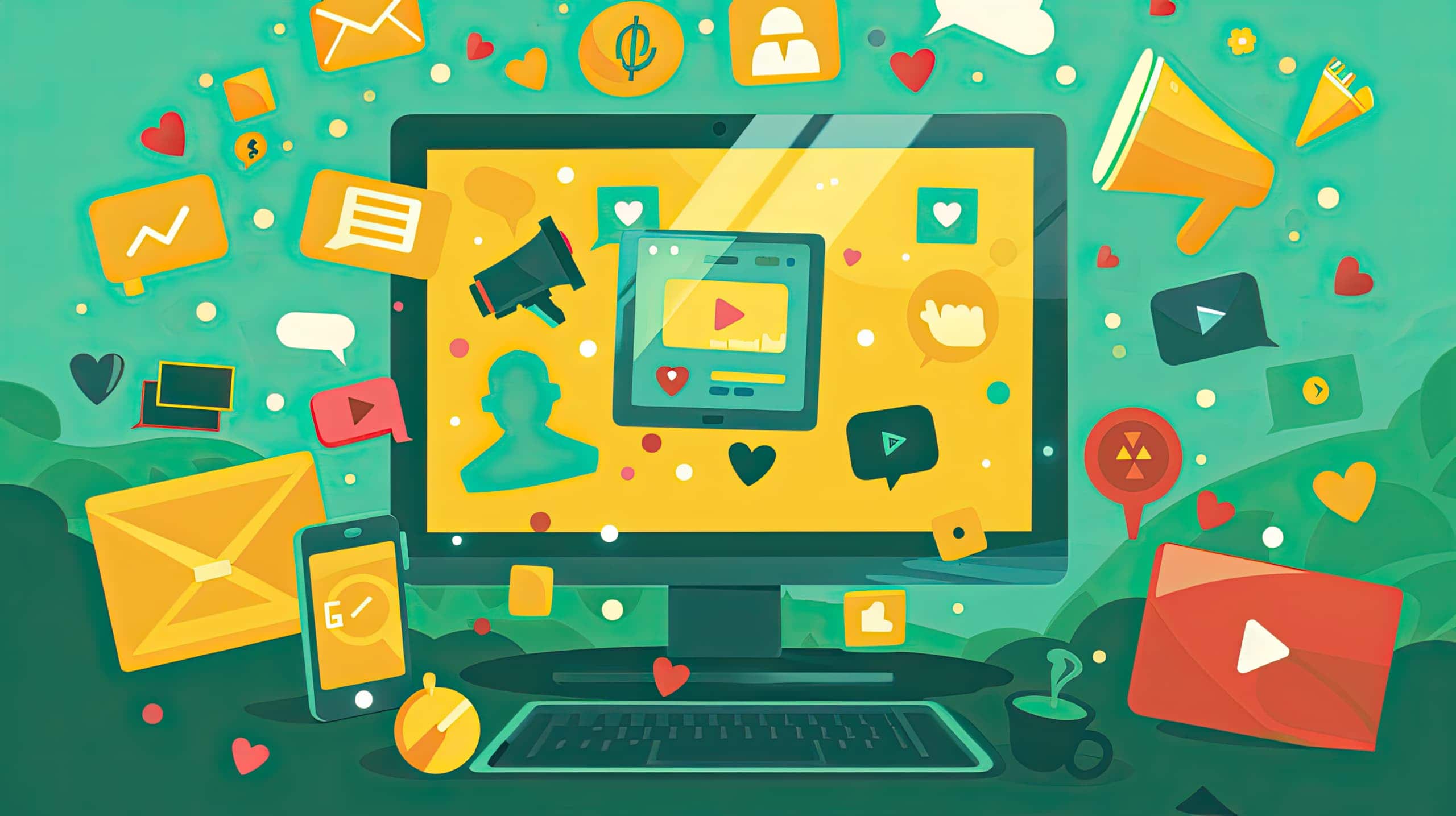 um computador e um smartphone exibindo postagens de mídia social de uma ONG com ícones de redes sociais, gráficos atraentes, transmitindo a ideia da importância das estratégias de marketing de conteúdo para ONGs.