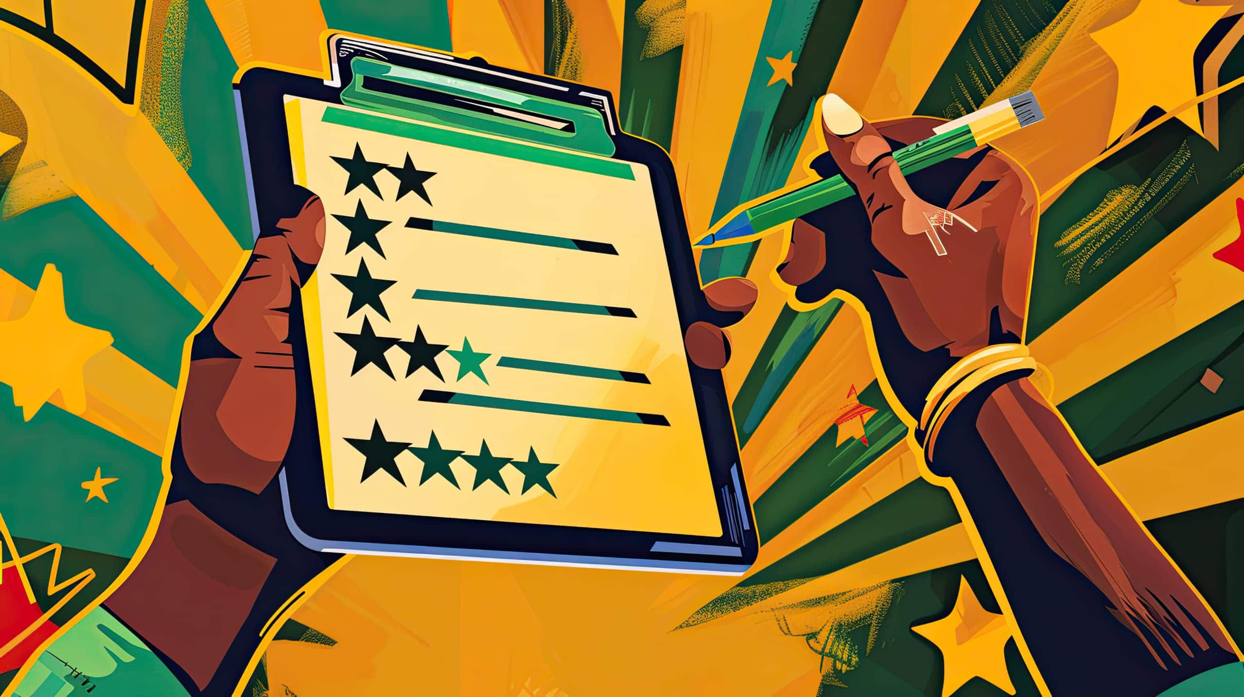 Um par de mãos segurando uma folha ou tablet com um formulário de avaliação preenchido, com estrelas de pontuação e comentários escritos, simbolizando a importância do feedback estruturado para voluntários.