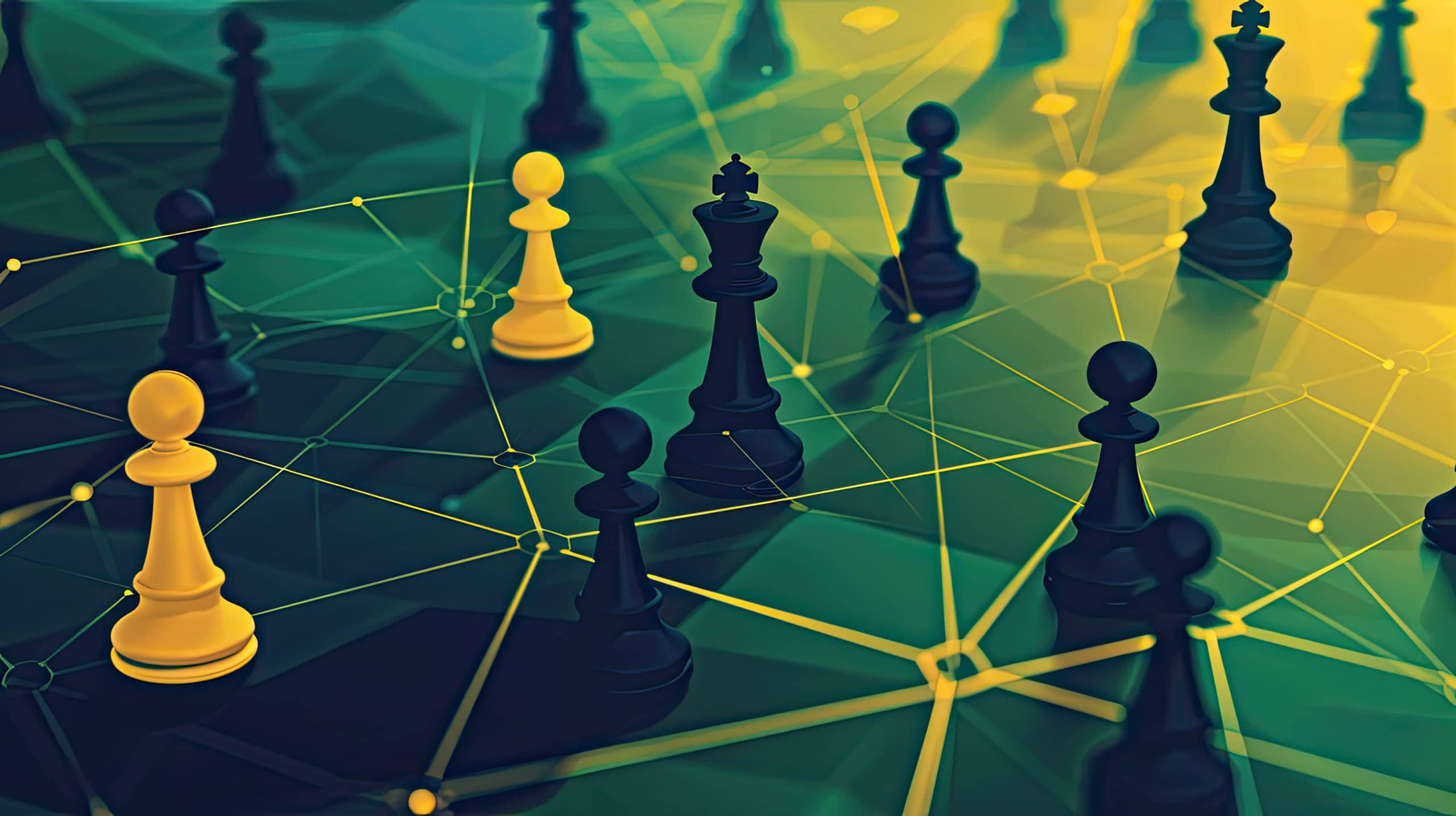 Um tabuleiro de xadrez ou jogo de estratégia onde cada peça representa um elemento da gestão organizacional, como liderança, transparência, planejamento financeiro e captação de recursos, simbolizando a necessidade de decisões estratégicas.
